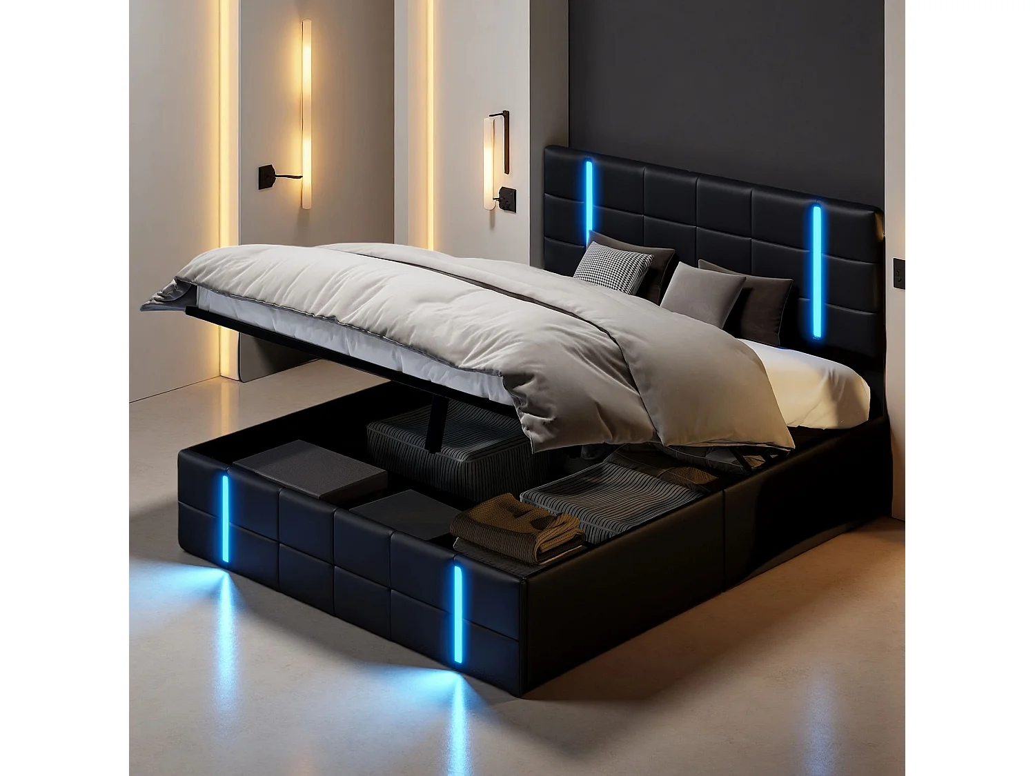 NEXU Lit coffre adulte 140x200 cm avec sommier à lattes, LED et ports de charge USB et Type-C, revêtement en PU noir