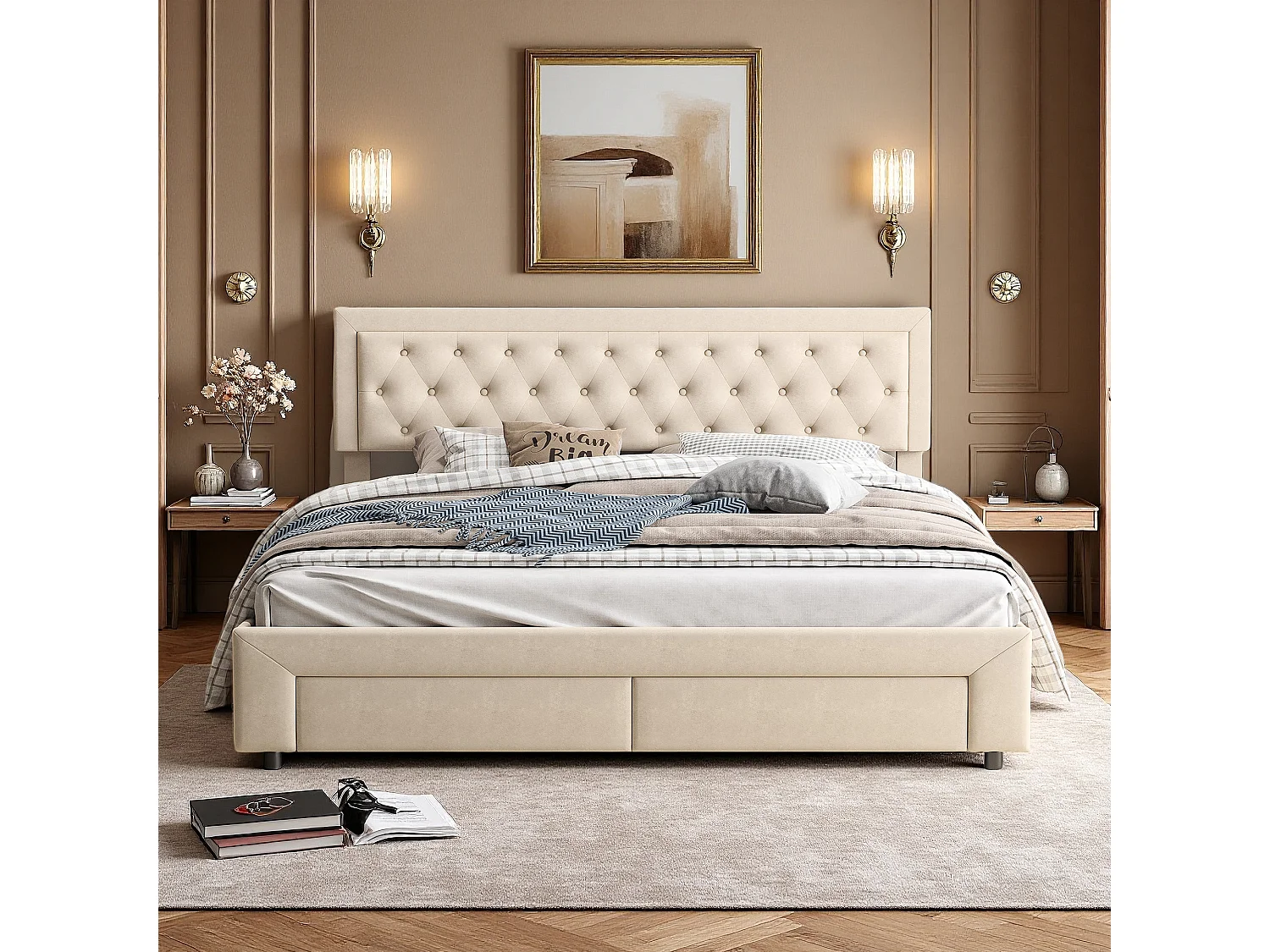 Lit 160x200 cm - NEXU - lit coffre 160x200 cm avec tiroir - lit adulte 160x200 cm avec sommier à lattes - tissu en velours - beige