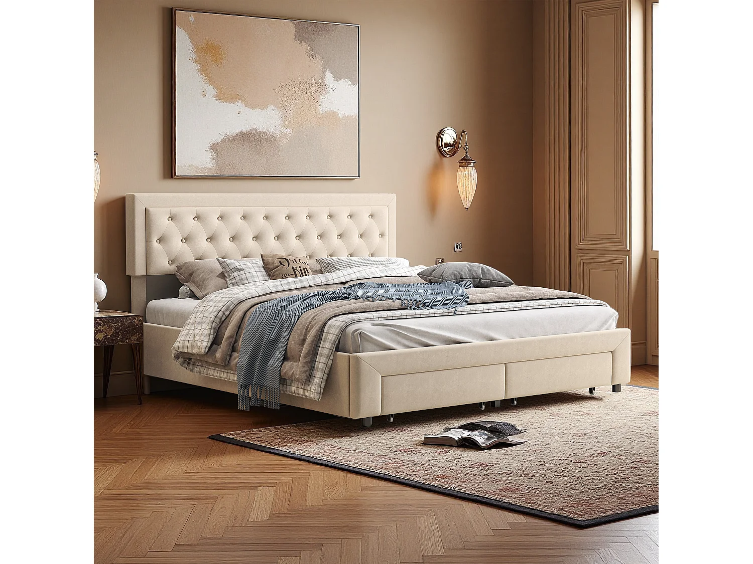 Lit 160x200 cm - NEXU - lit coffre 160x200 cm avec tiroir - lit adulte 160x200 cm avec sommier à lattes - tissu en velours - beige