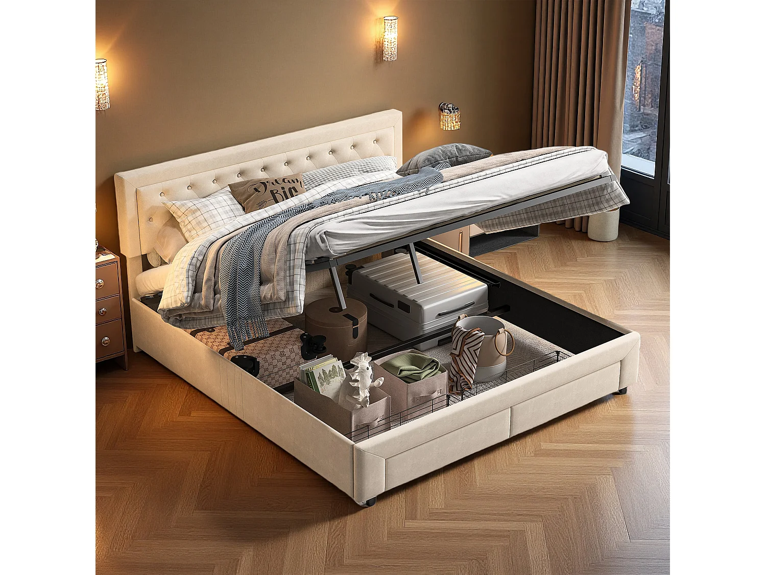 Lit 160x200 cm - NEXU - lit coffre 160x200 cm avec tiroir - lit adulte 160x200 cm avec sommier à lattes - tissu en velours - beige