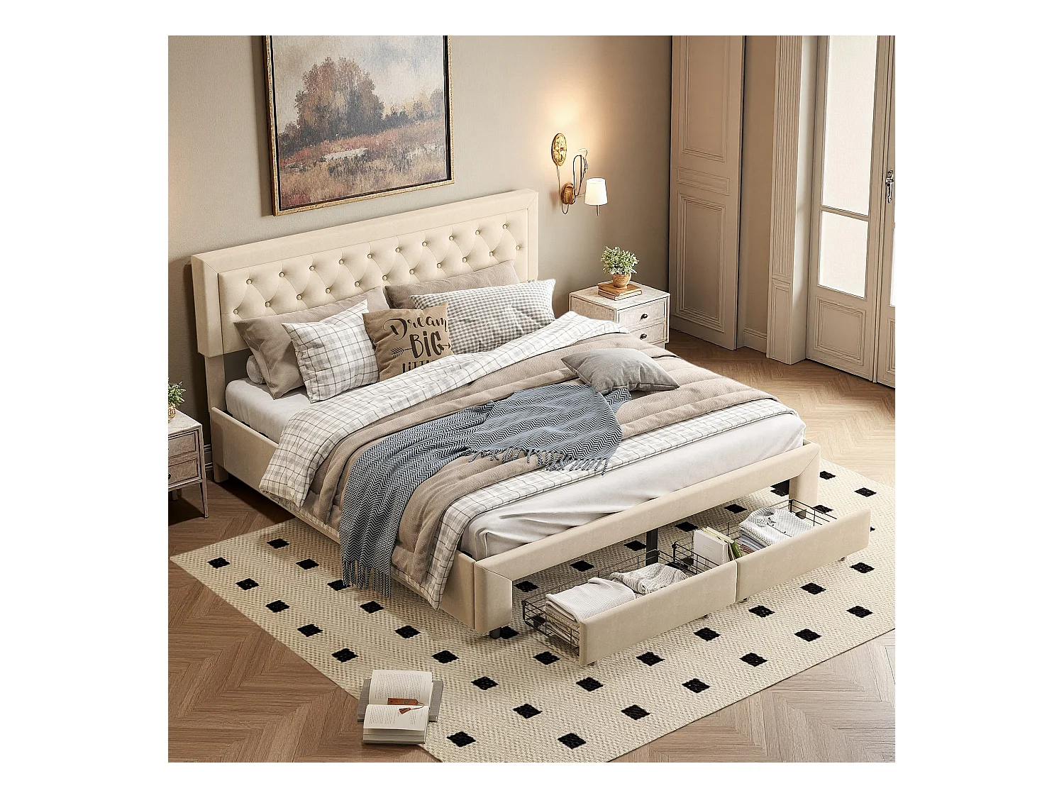 Lit 160x200 cm - NEXU - lit coffre 160x200 cm avec tiroir - lit adulte 160x200 cm avec sommier à lattes - tissu en velours - beige