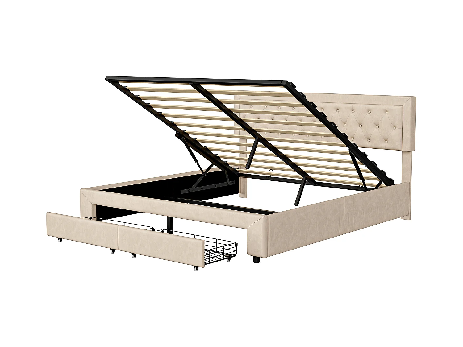 Lit 160x200 cm - NEXU - lit coffre 160x200 cm avec tiroir - lit adulte 160x200 cm avec sommier à lattes - tissu en velours - beige