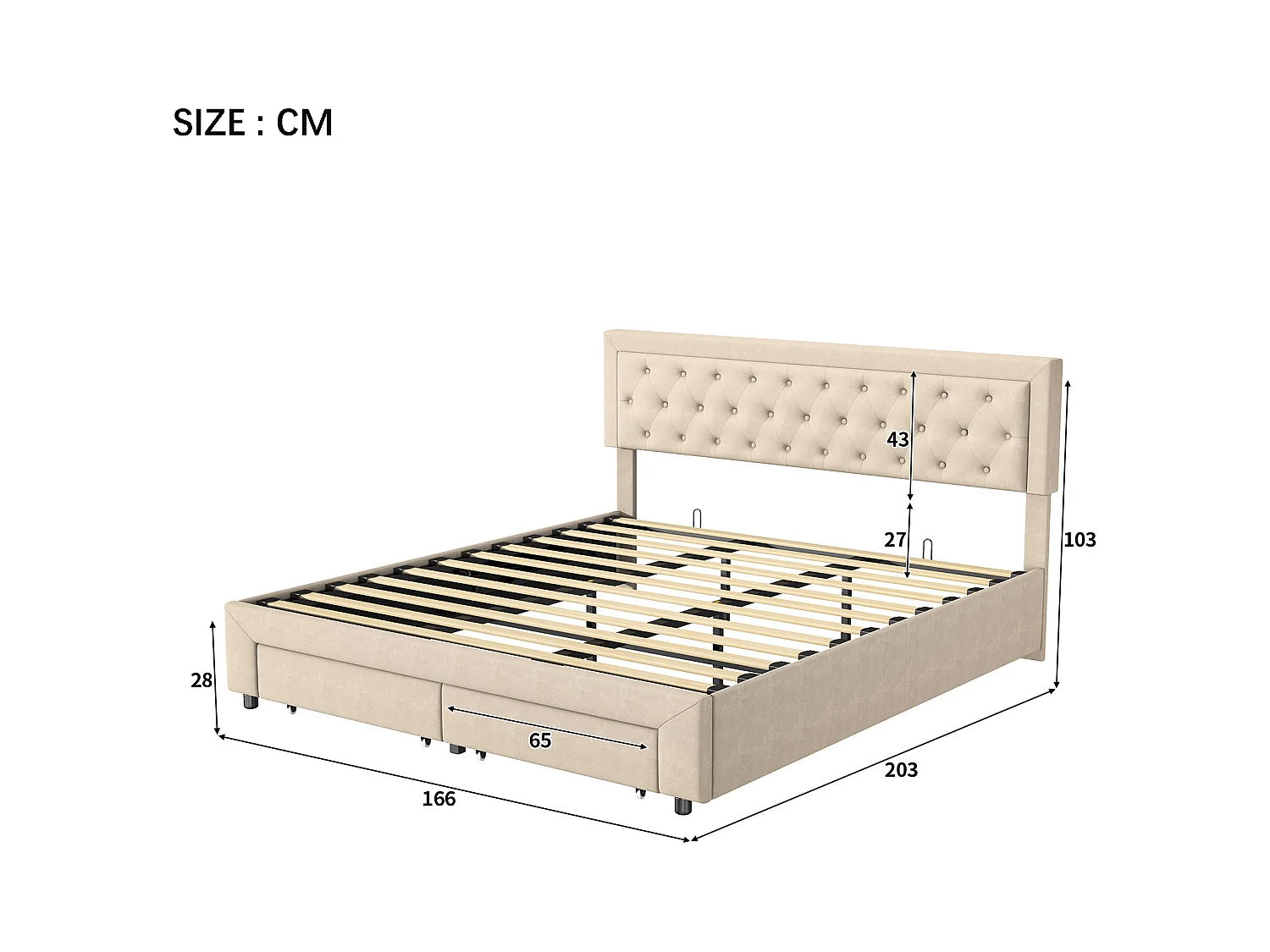 Lit 160x200 cm - NEXU - lit coffre 160x200 cm avec tiroir - lit adulte 160x200 cm avec sommier à lattes - tissu en velours - beige