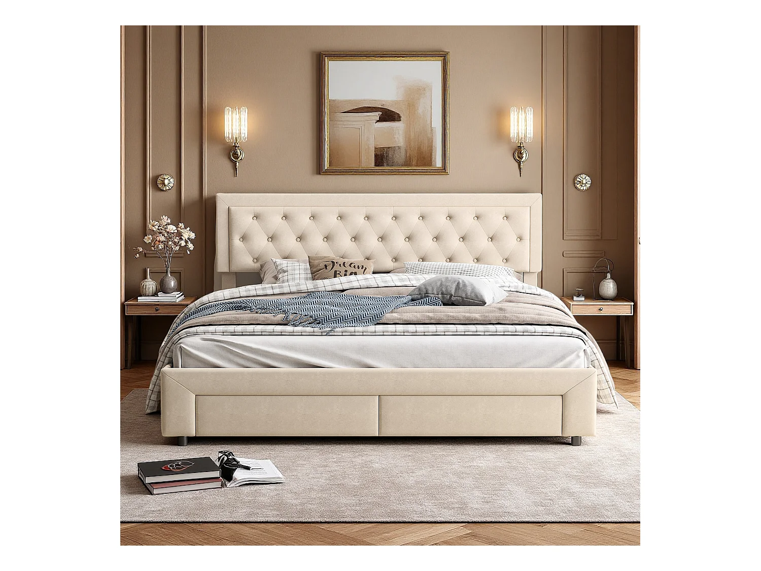 Lit 160x200 cm - NEXU - lit coffre 160x200 cm avec tiroir - lit adulte 160x200 cm avec sommier à lattes - tissu en velours - beige