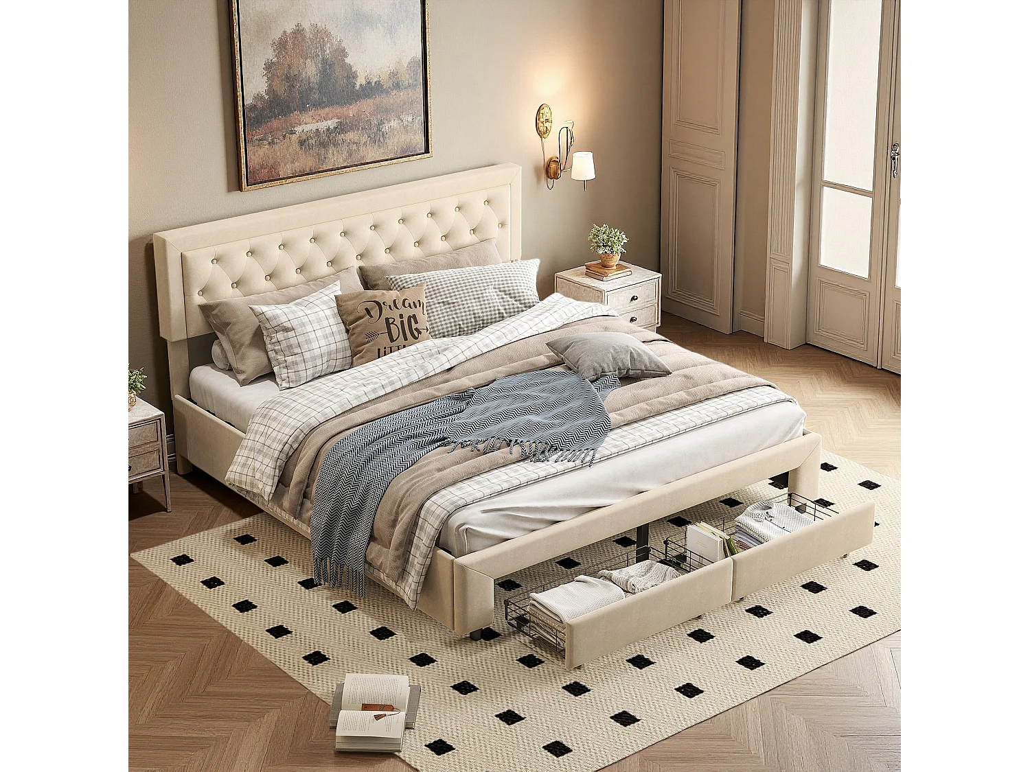 Lit 160x200 cm - NEXU - lit coffre 160x200 cm avec tiroir - lit adulte 160x200 cm avec sommier à lattes - tissu en velours - beige