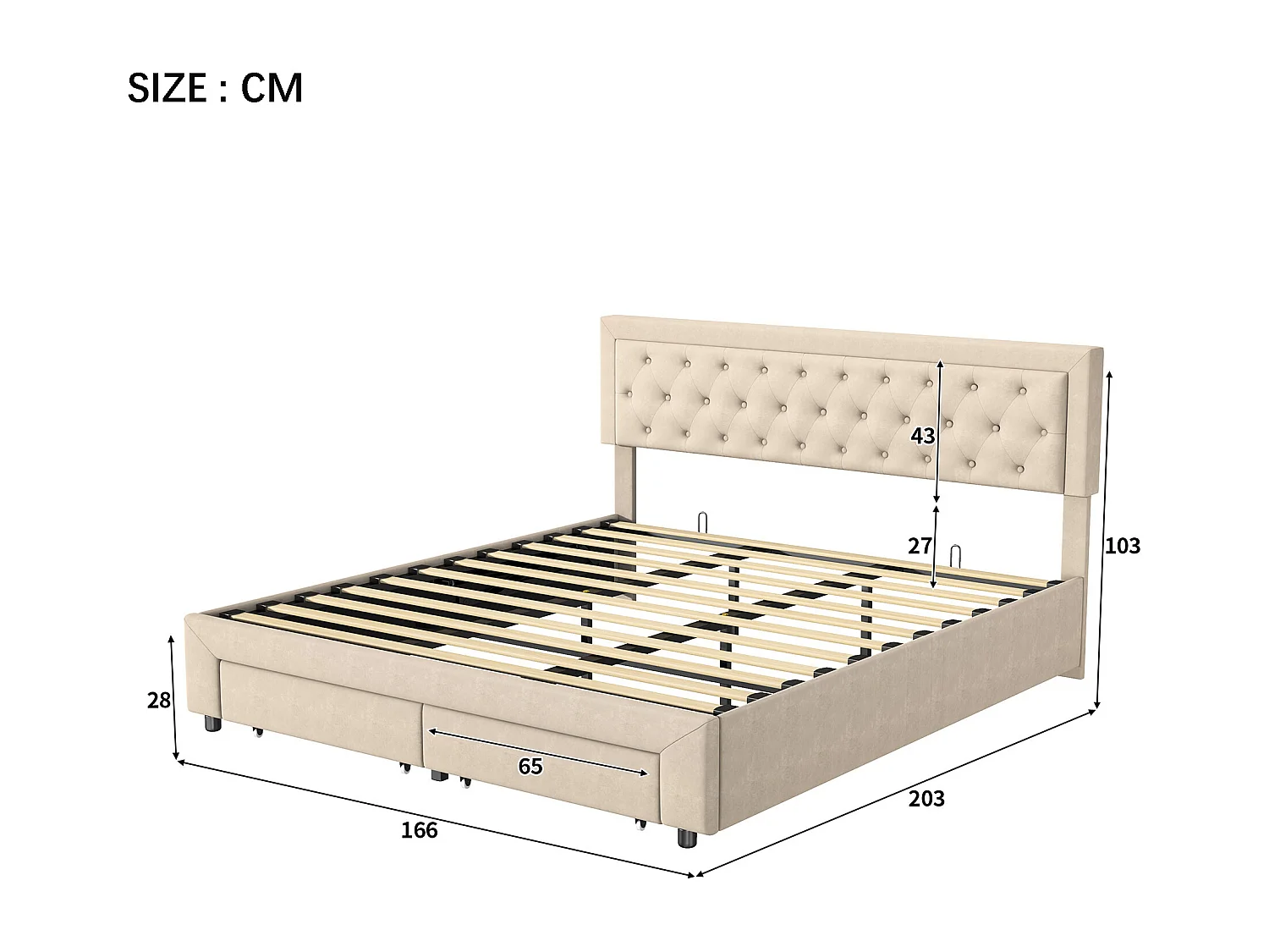 Bed 160x200 cm - NEXU - Bed met opbergruimte 160x200 cm met lade - Volwassen bed 160x200 cm met lattenbodem - fluwelen stof - beige
