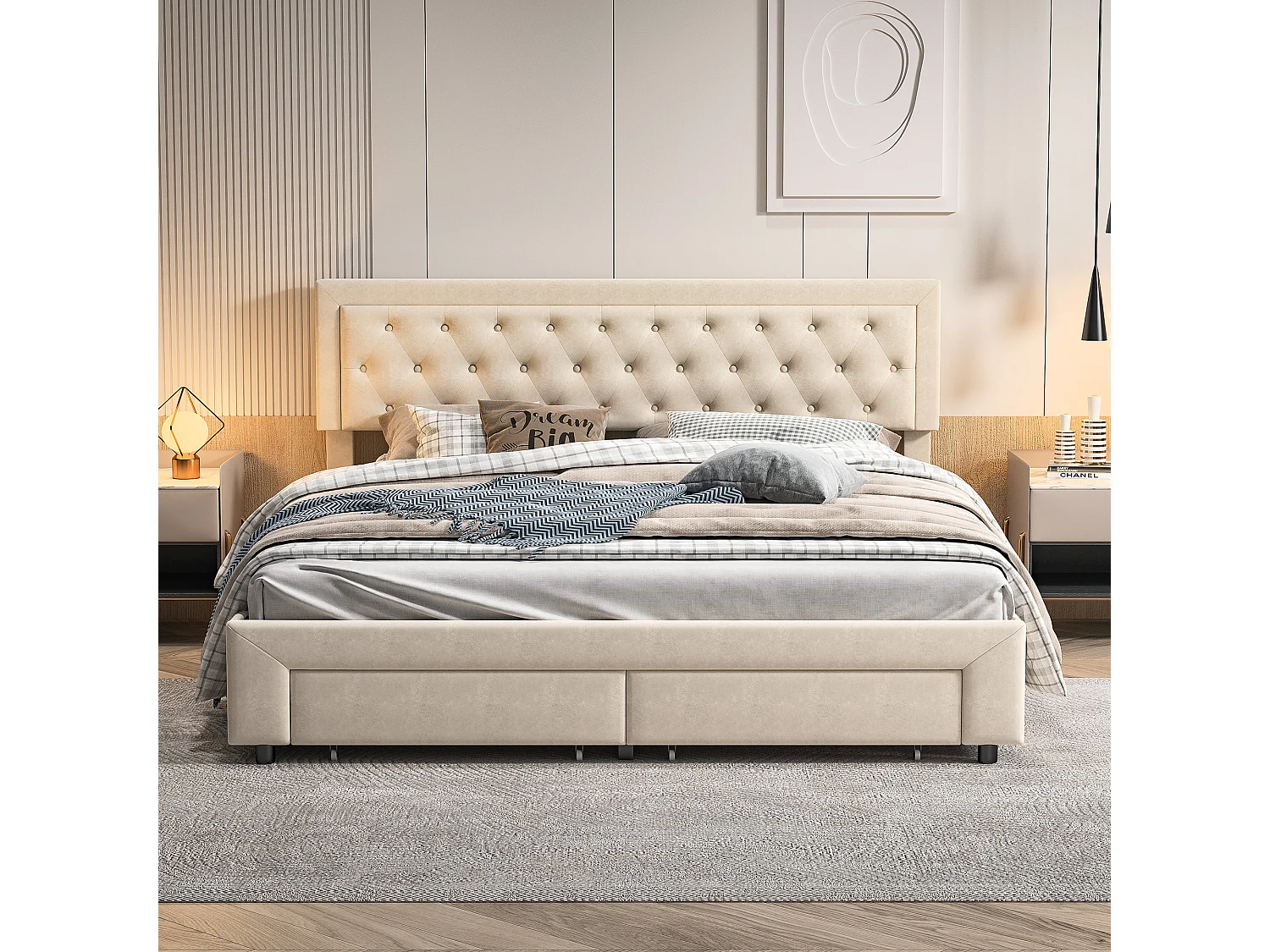 Bed 160x200 cm - NEXU - Bed met opbergruimte 160x200 cm met lade - Volwassen bed 160x200 cm met lattenbodem - fluwelen stof - beige