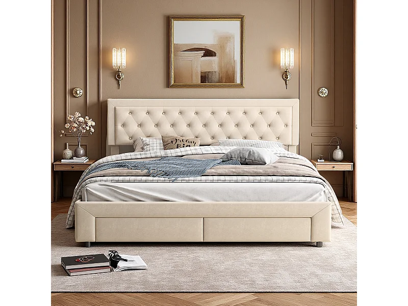 Lit 160x200 cm - NEXU - lit coffre 160x200 cm avec tiroir - lit adulte 160x200 cm avec sommier à lattes - tissu en velours - beige