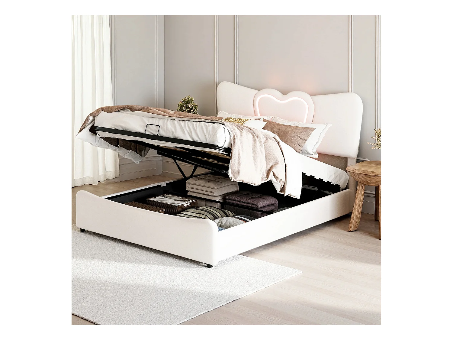 Lit 140x200 cm avec sommier à lattes - NEXU - style crémeux - LED - USB - lit adulte 140x200 cm tissu en Velours - cadre de lit coffre 140x200 cm - beige