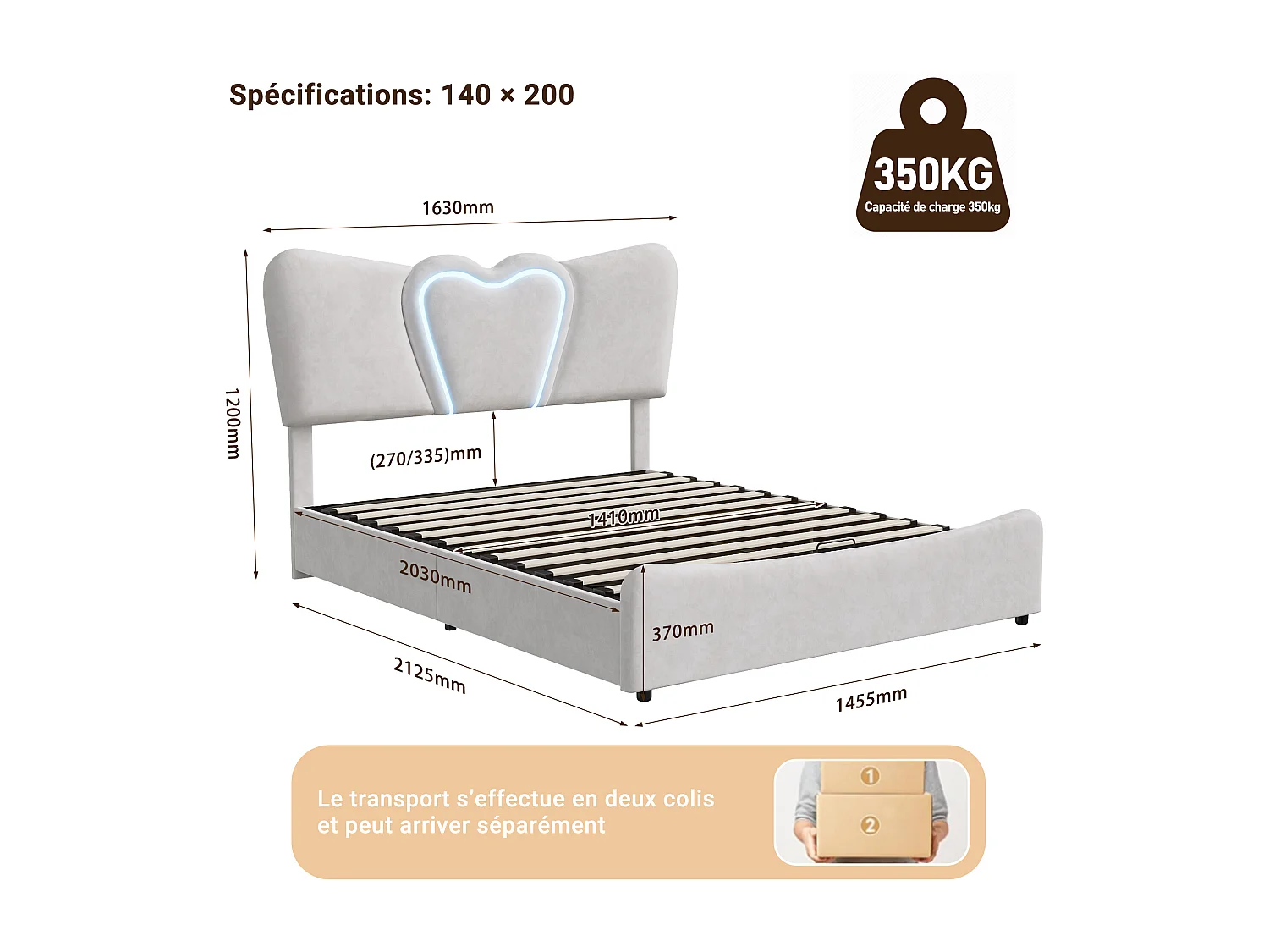 Lit 140x200 cm avec sommier à lattes - NEXU - style crémeux - LED - USB - lit adulte 140x200 cm tissu en Velours - cadre de lit coffre 140x200 cm - beige