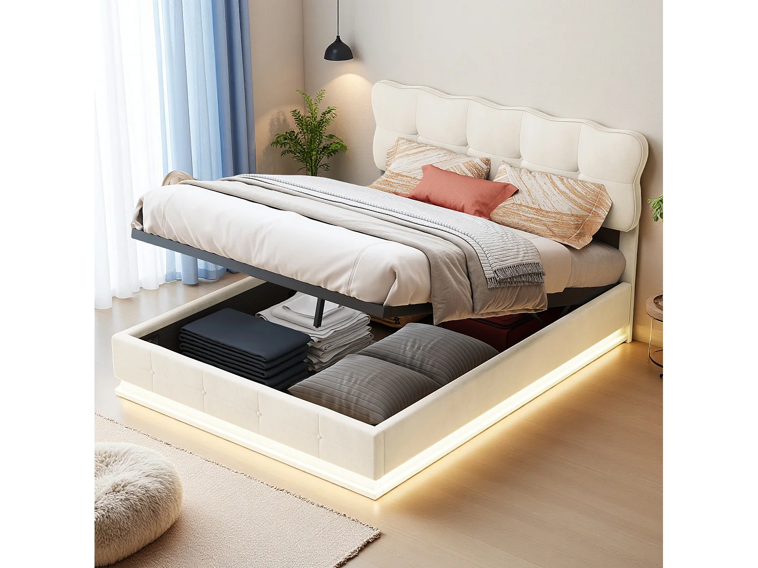 Lit 140x200 cm - NEXU - LED - lit adulte 140x200 cm avec sommier à lattes - tissu en velours - cadre de lit coffre 140x200 cm - beige
