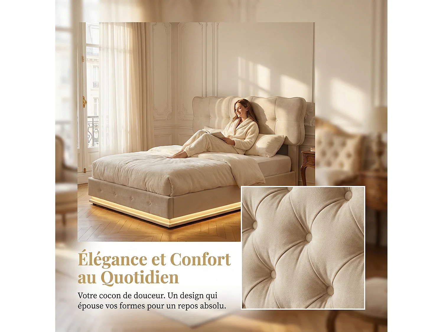 Lit coffre adulte 140x200 cm avec sommier à lattes et LED, cadre de lit en velours beige
