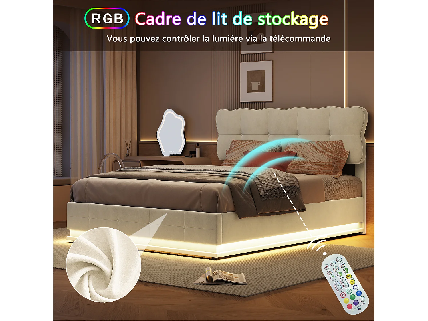 Lit coffre adulte 140x200 cm avec sommier à lattes et LED, cadre de lit en velours beige