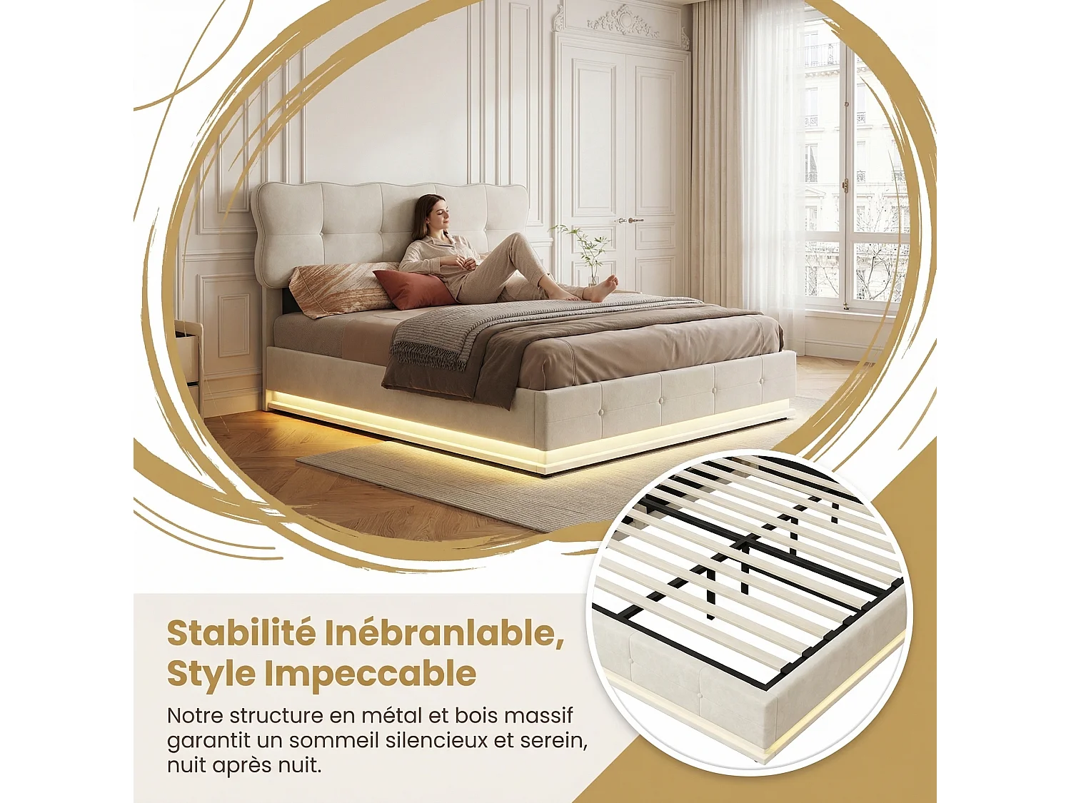 Lit coffre adulte 140x200 cm avec sommier à lattes et LED, cadre de lit en velours beige
