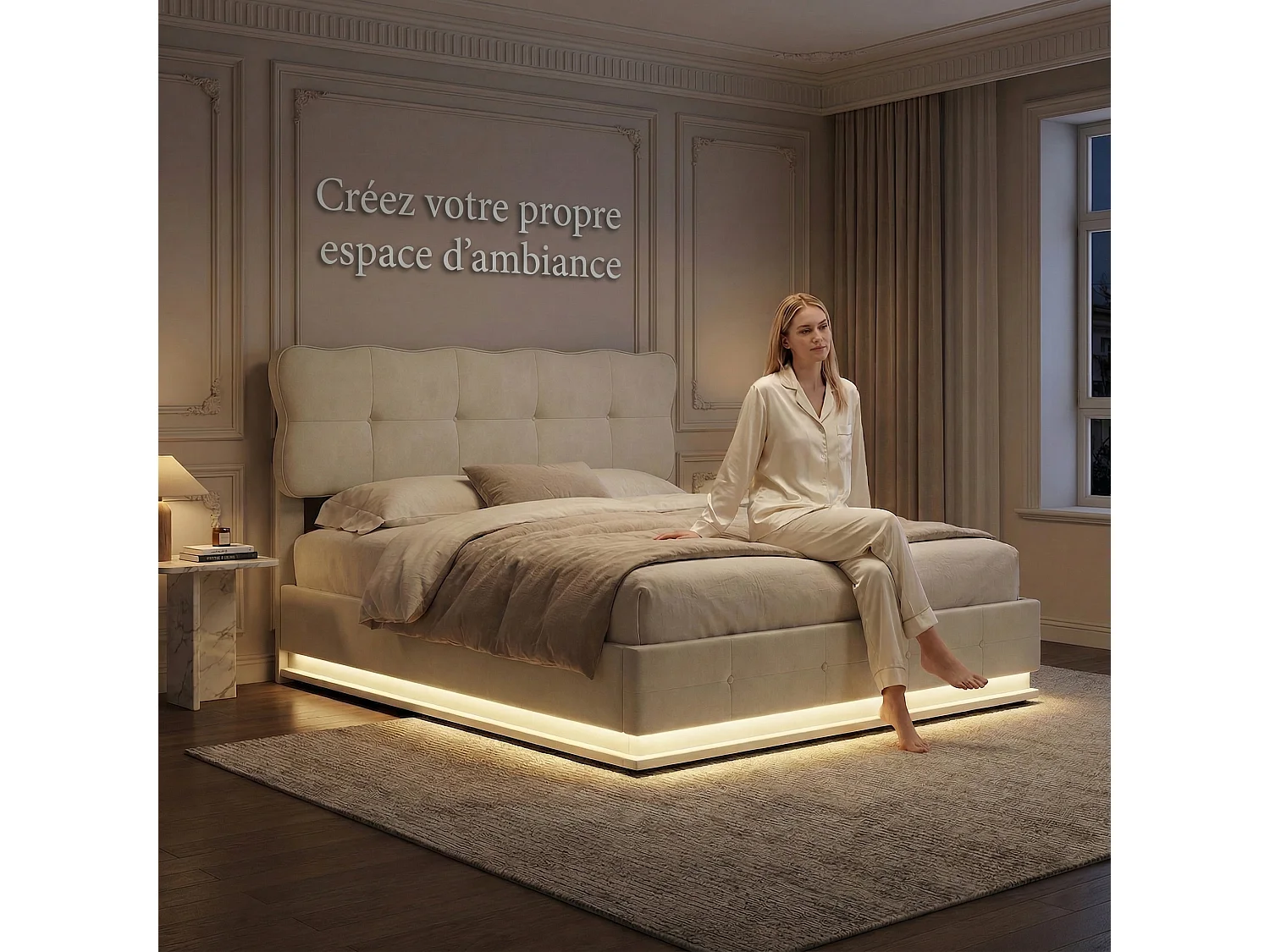 Lit coffre adulte 140x200 cm avec sommier à lattes et LED, cadre de lit en velours beige