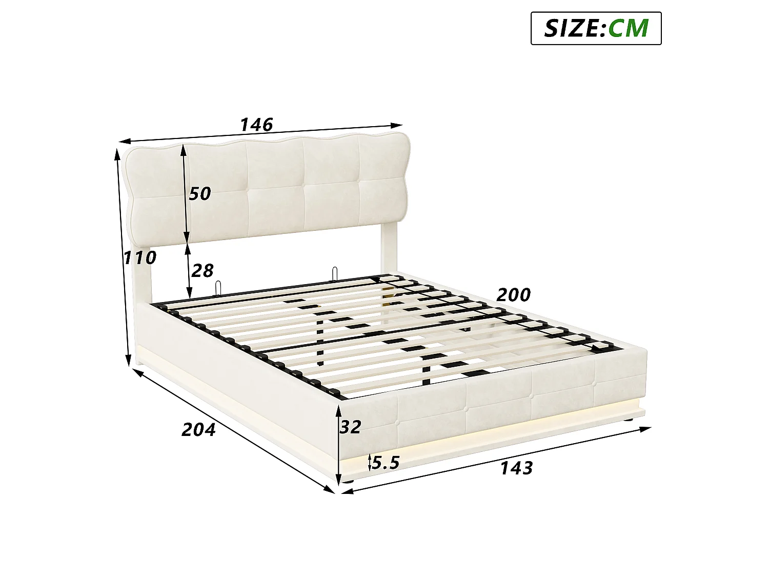 Lit coffre adulte 140x200 cm avec sommier à lattes et LED, cadre de lit en velours beige