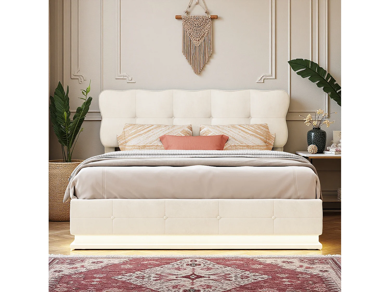 Lit coffre adulte 140x200 cm avec sommier à lattes et LED, cadre de lit en velours beige