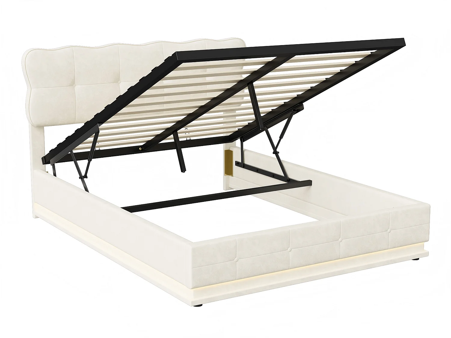 Lit Double Coffre 140x200 cm - Rangement Sous le Lit - Velours Beige - Tête de Lit Rembourrée - Bande LED Sous le Lit - Sommier à Lattes