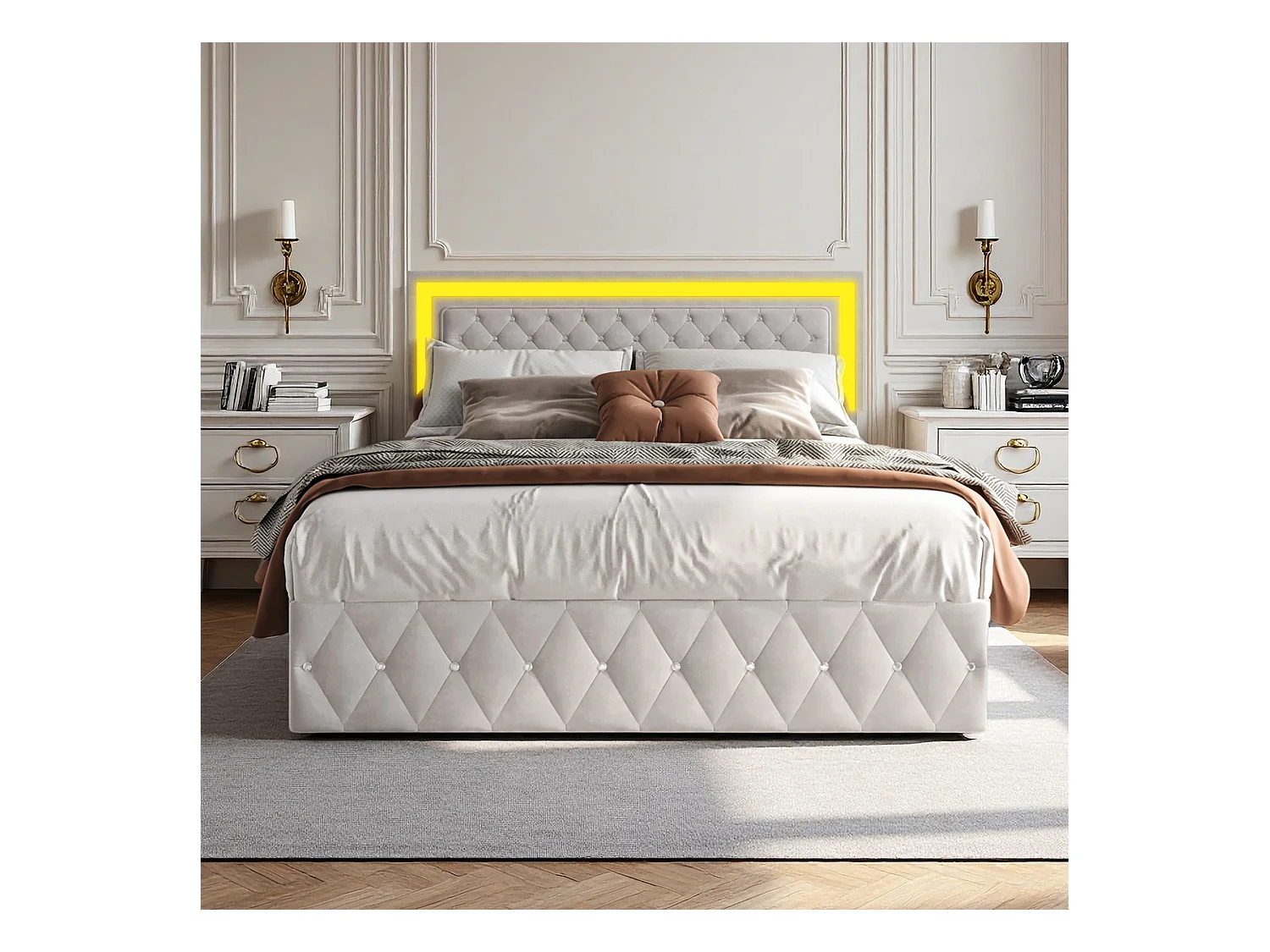 Lit 140x200 cm - NEXU - lit coffre 140x200 cm avec LED - cadre de lit double 140x200 cm avec sommier à lattes - tissu en velours - beige