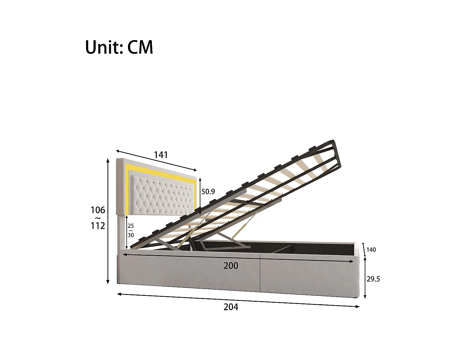 Lit 140x200 cm - NEXU - lit coffre 140x200 cm avec LED - cadre de lit double 140x200 cm avec sommier à lattes - tissu en velours - beige