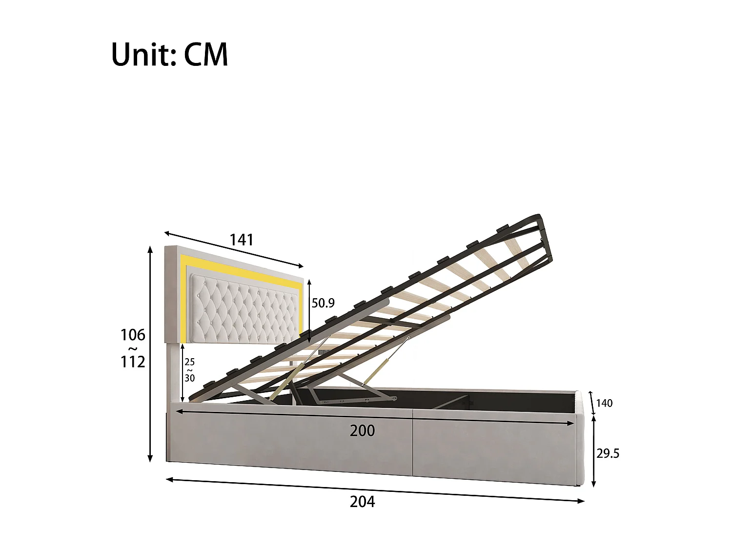 Lit coffre 140x200 cm en velours avec sommier à lattes - tête de lit LED - lit adulte 140x200 cm capitonné - beige