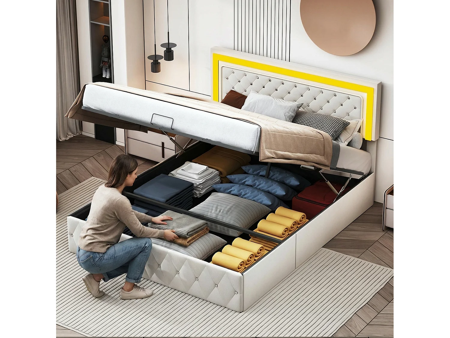 Lit coffre 140x200 cm en velours beige - Lit adulte capitonné avec sommier à lattes et tête de lit avec éclairage LED intégré