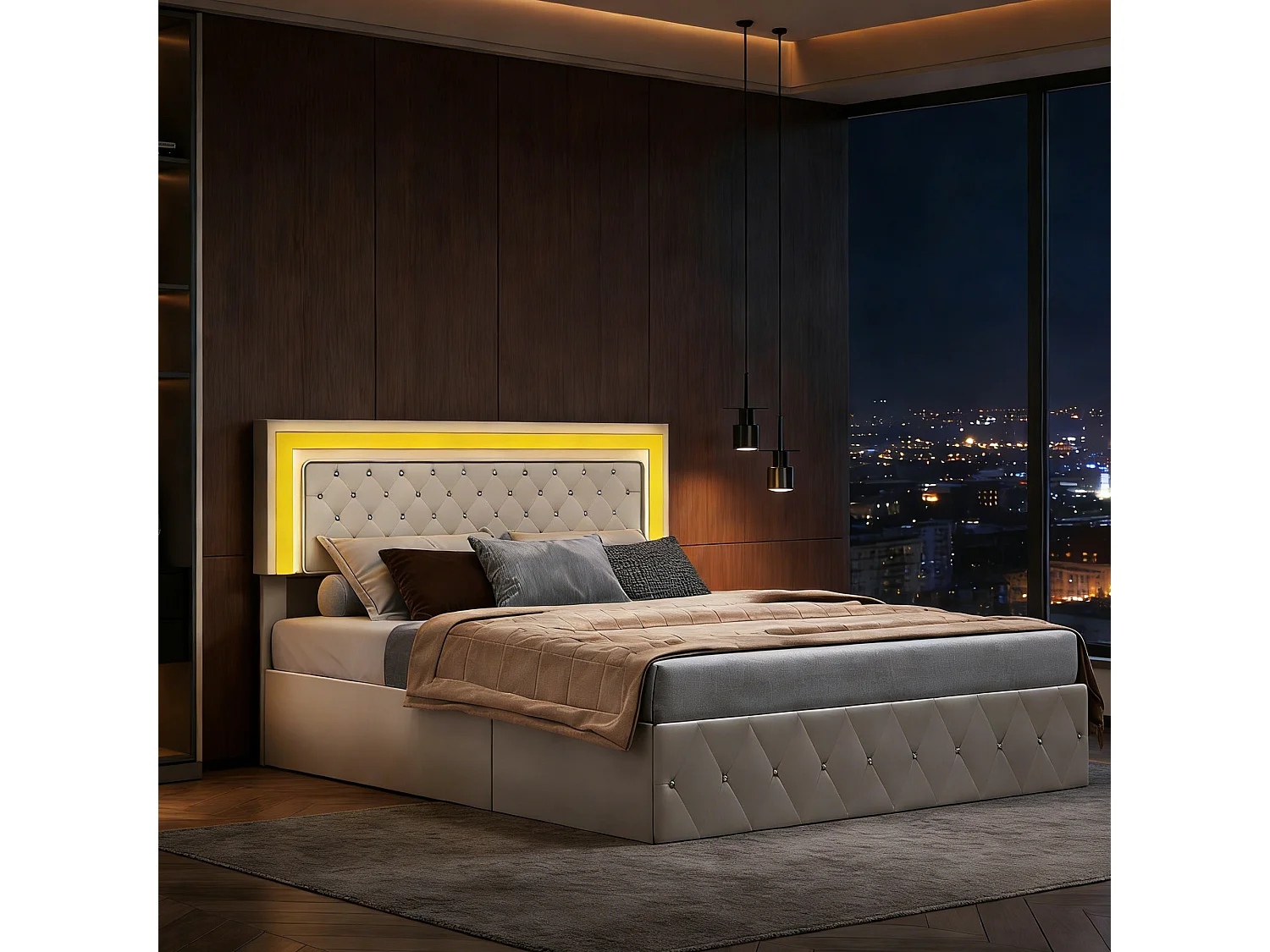 Lit coffre 140x200 cm en velours beige - Lit adulte capitonné avec sommier à lattes et tête de lit avec éclairage LED intégré