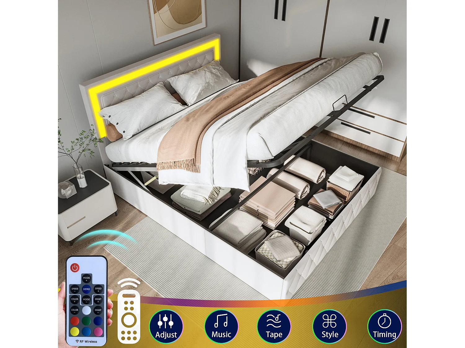 Lit coffre 140x200 cm en velours beige - Lit adulte capitonné avec sommier à lattes et tête de lit avec éclairage LED intégré