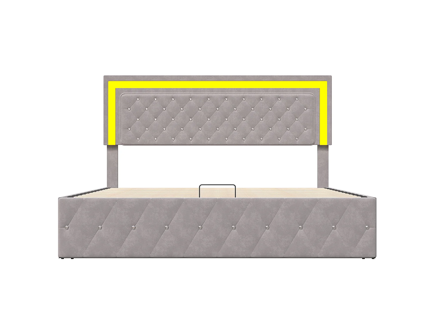 Lit coffre 140x200 cm en velours beige - Lit adulte capitonné avec sommier à lattes et tête de lit avec éclairage LED intégré
