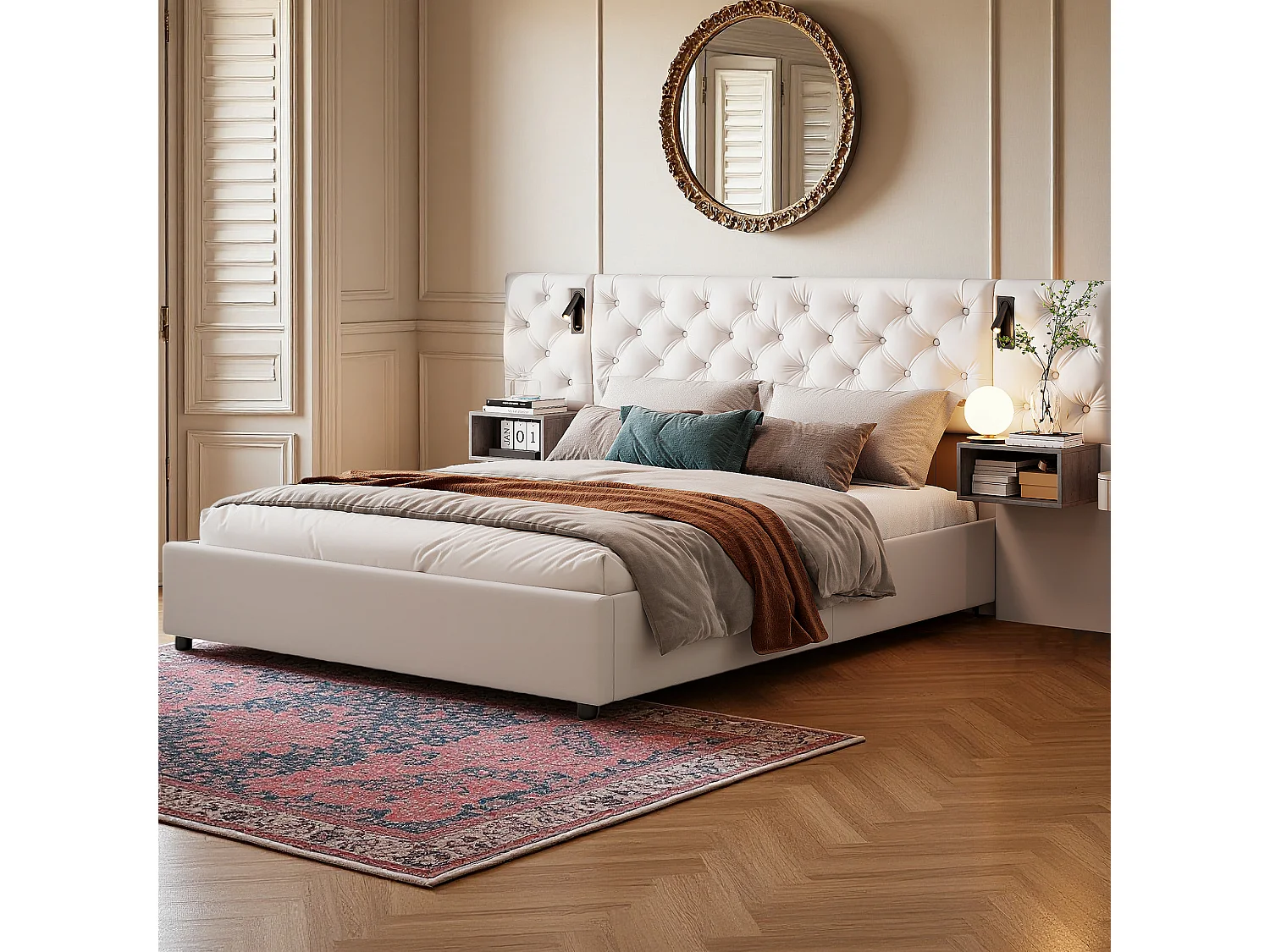 Lit coffre adulte 140x200cm, rembourré tête de lit avec liseuse et prises chargement, 2 tables de chevet, sommier en lattes, en velours, blanc cassé