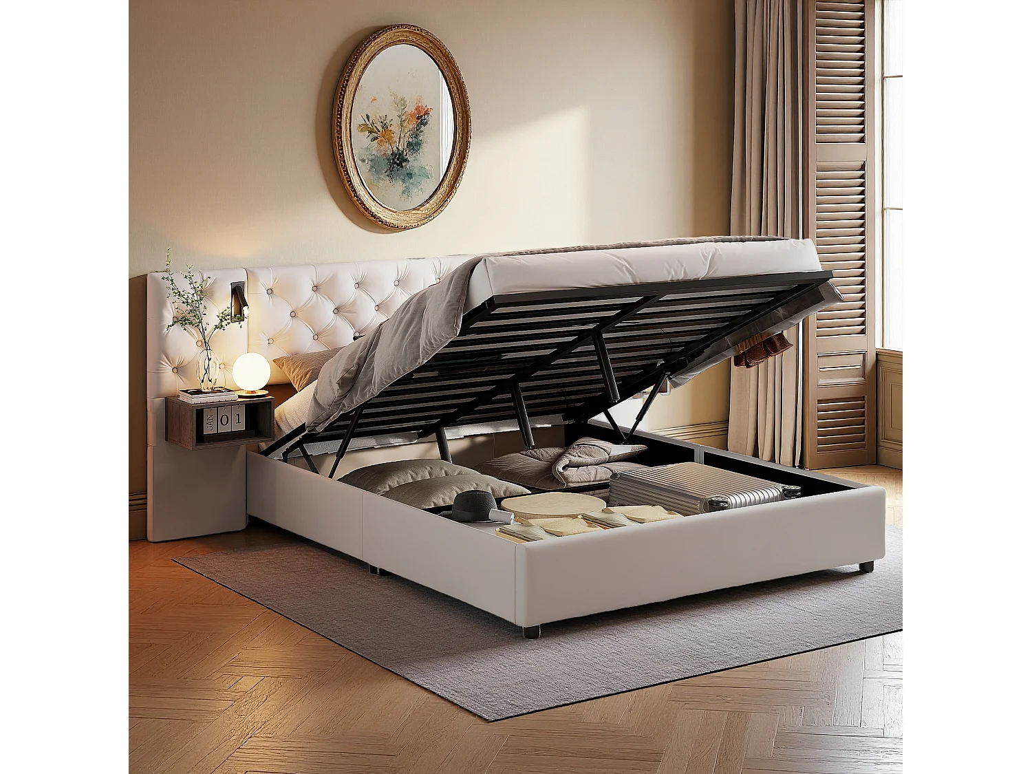 Lit coffre adulte 140x200cm, rembourré tête de lit avec liseuse et prises chargement, 2 tables de chevet, sommier en lattes, en velours, blanc cassé