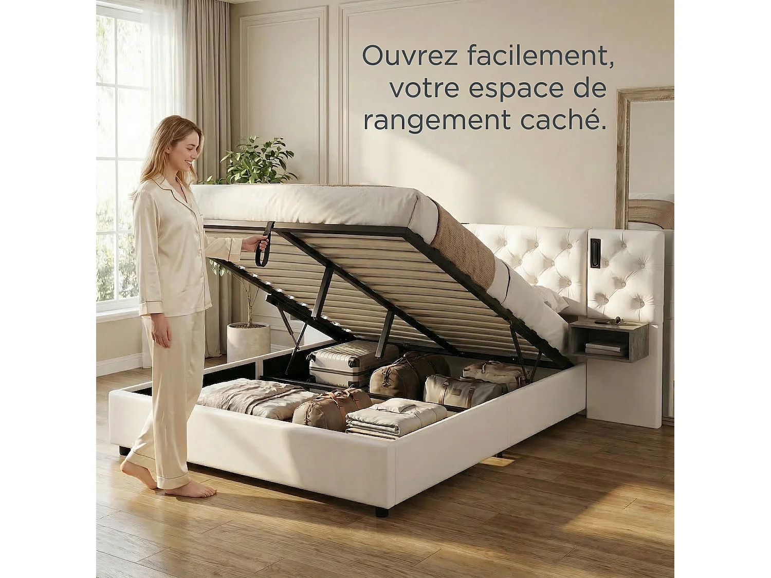 Lit coffre 140 x 200 cm avec sommier à lattes – Tête de lit rembourrée avec liseuses et ports de charge, 2 tables de chevet – Velours blanc cassé