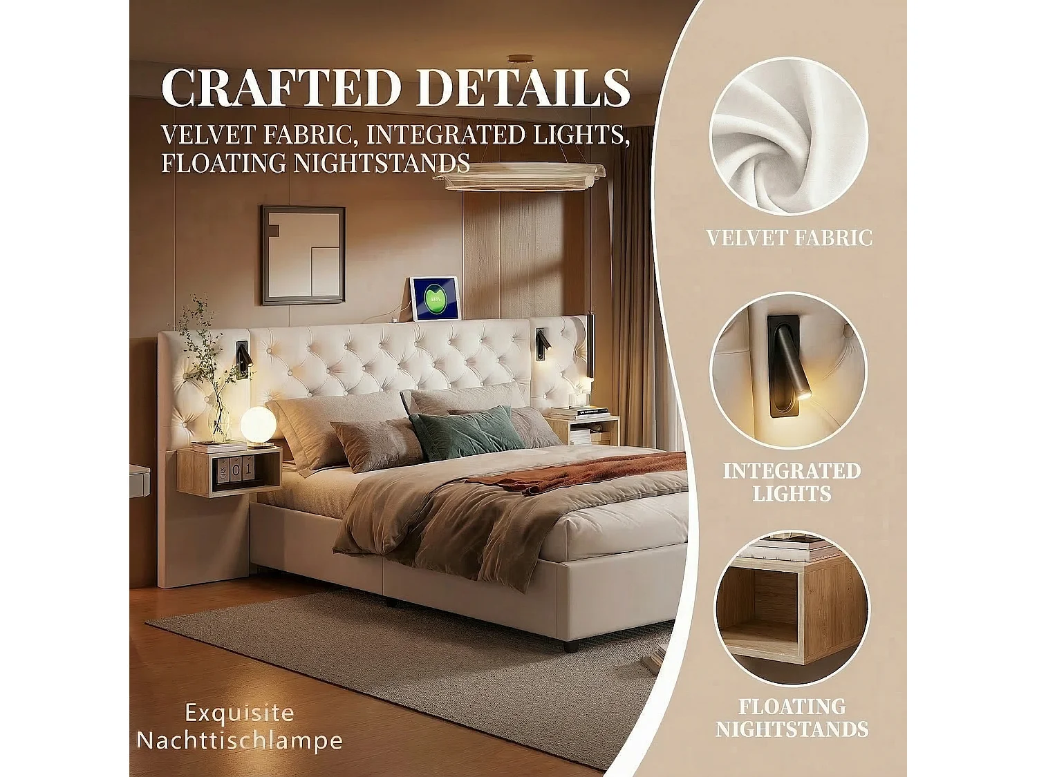 Lit coffre 140 x 200 cm avec sommier à lattes – Tête de lit rembourrée avec liseuses et ports de charge, 2 tables de chevet – Velours blanc cassé