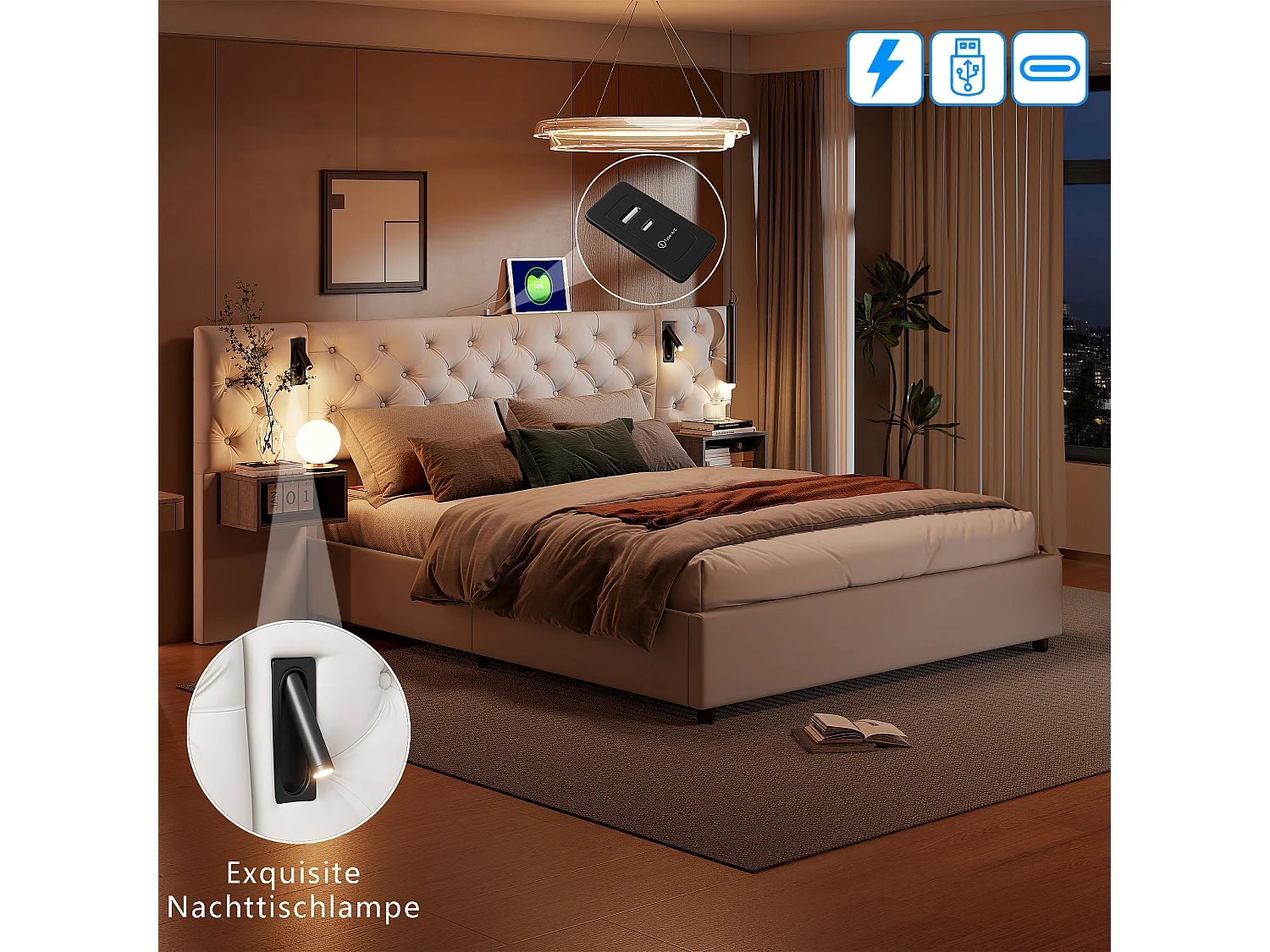 Lit coffre 140 x 200 cm avec sommier à lattes – Tête de lit rembourrée avec liseuses et ports de charge, 2 tables de chevet – Velours blanc cassé