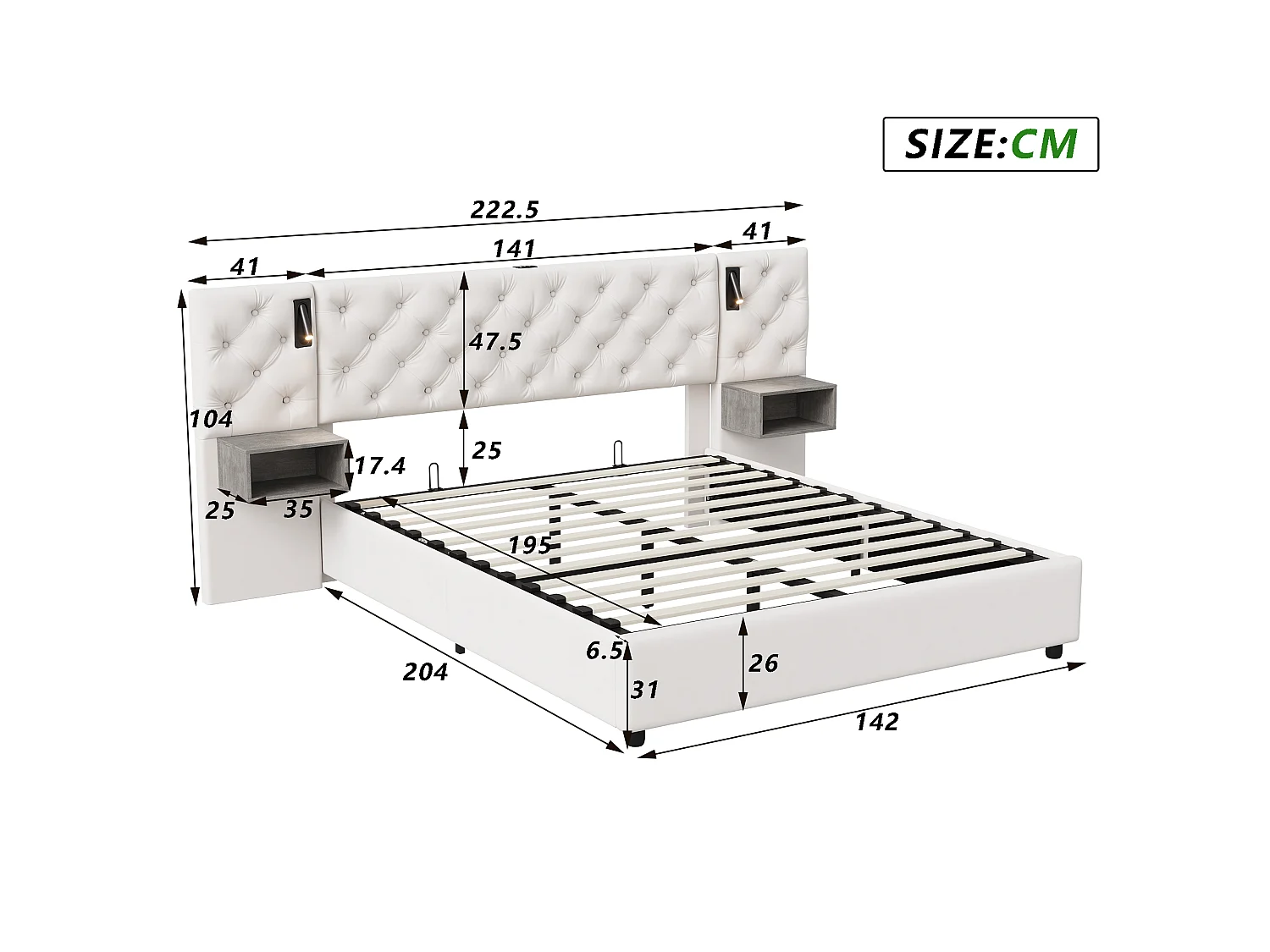 Lit coffre 140 x 200 cm avec sommier à lattes – Tête de lit rembourrée avec liseuses et ports de charge, 2 tables de chevet – Velours blanc cassé