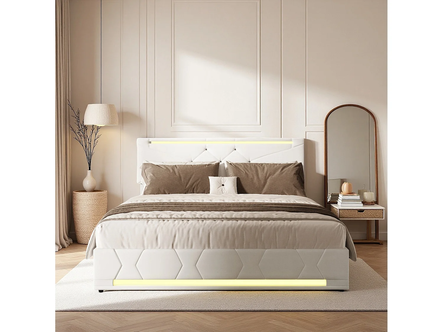 Lit 140x190 cm - NEXU - LED - USB - lit 140x190 cm tissu en Lin -cadre de lit coffre 140x190 cm - beige