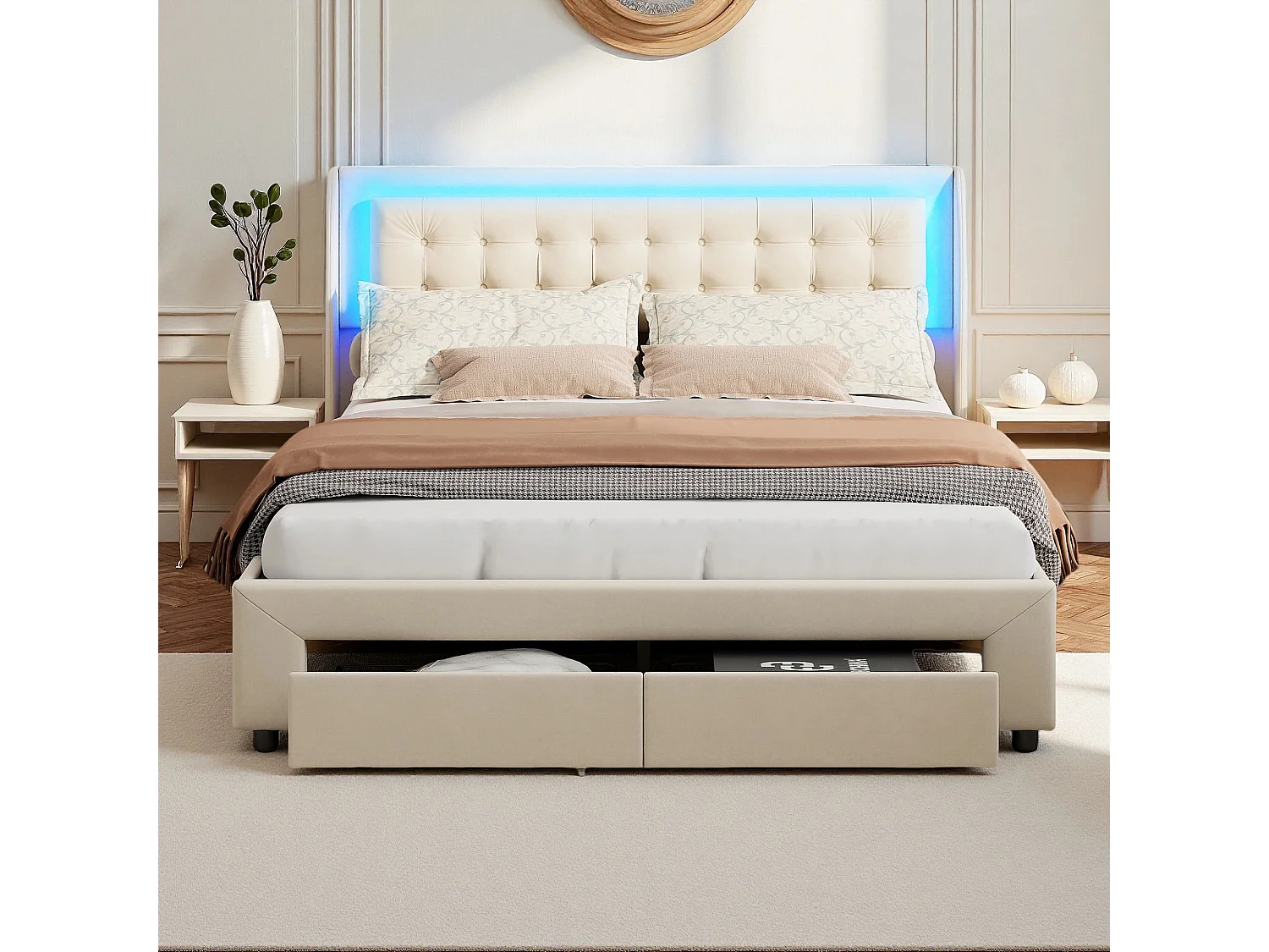 Bed 160x200 cm - NEXU - LED - 160x200 cm gestoffeerd bed met lade en opbergruimte - 160x200 cm bed in fluwelen stof - beige
