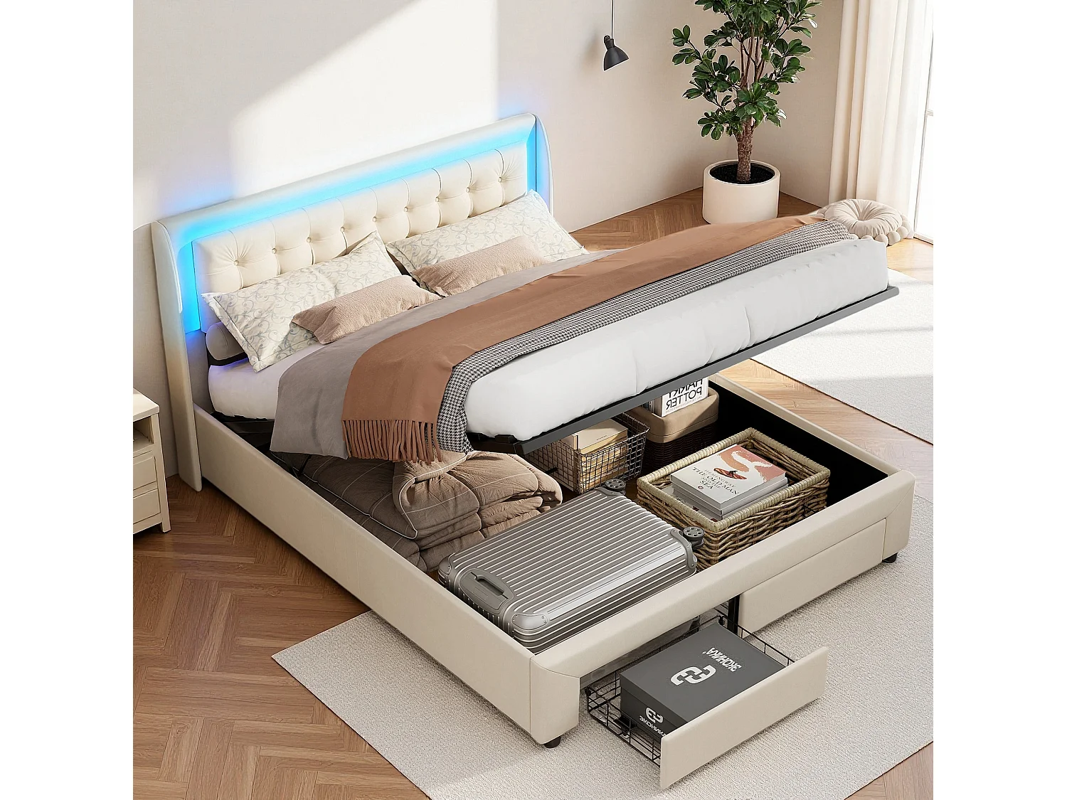 Bed 160x200 cm - NEXU - LED - 160x200 cm gestoffeerd bed met lade en opbergruimte - 160x200 cm bed in fluwelen stof - beige