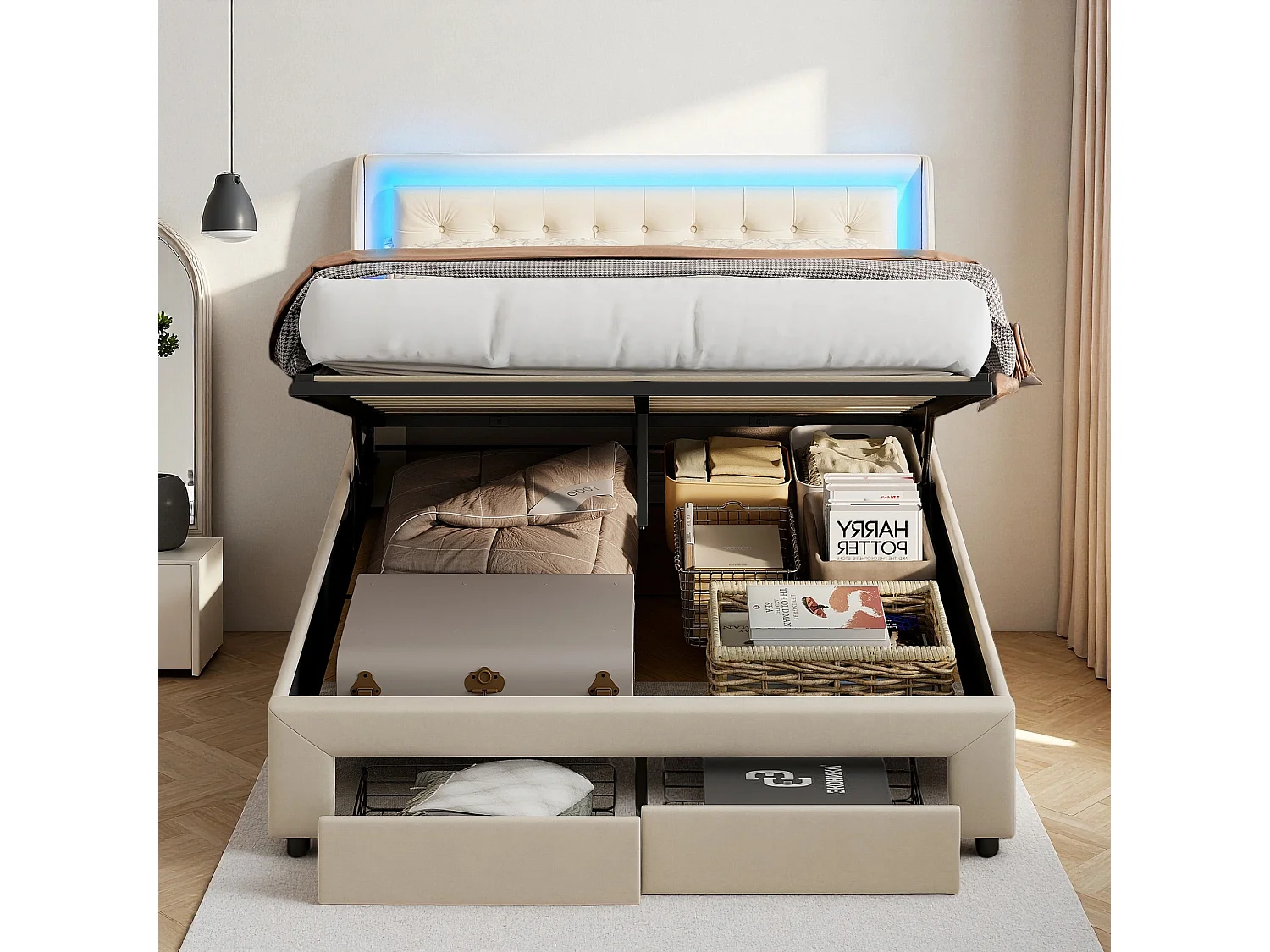 Bed 160x200 cm - NEXU - LED - 160x200 cm gestoffeerd bed met lade en opbergruimte - 160x200 cm bed in fluwelen stof - beige