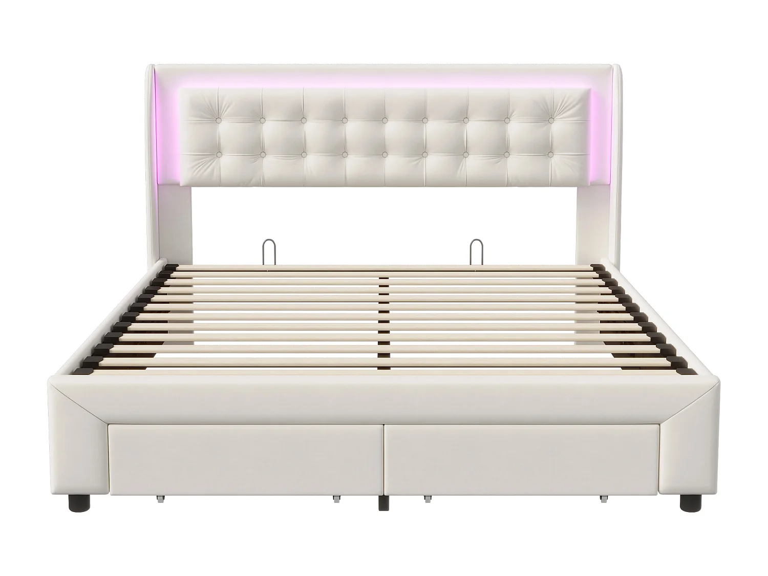 Bed 160x200 cm - NEXU - LED - 160x200 cm gestoffeerd bed met lade en opbergruimte - 160x200 cm bed in fluwelen stof - beige