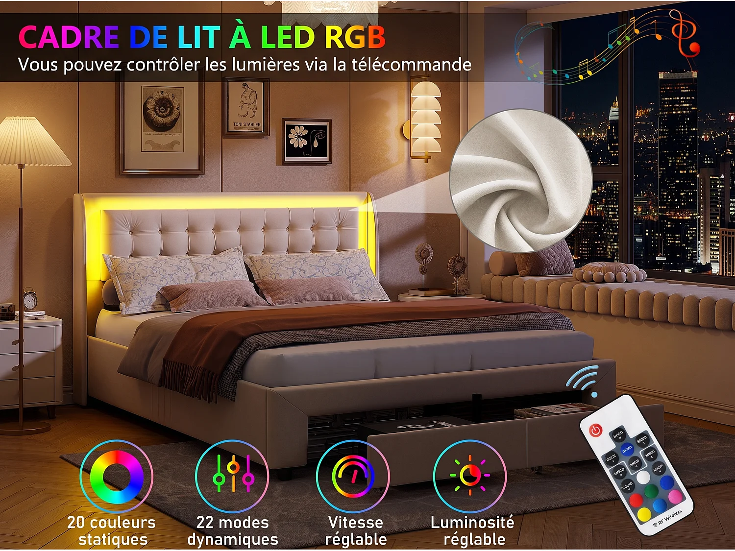 Bed 160x200 cm - NEXU - LED - 160x200 cm gestoffeerd bed met lade en opbergruimte - 160x200 cm bed in fluwelen stof - beige