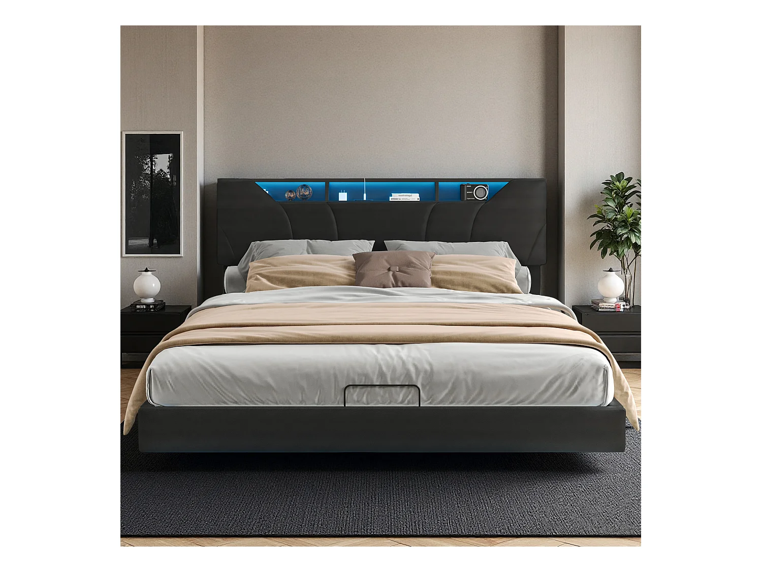 Lit adulte 140x200 cm - NEXU - lit flottant 140x200 cm avec LED et USB - cadre de lit double 140x200 cm avec coffre et sommier à lattes - tissu en PU - noir