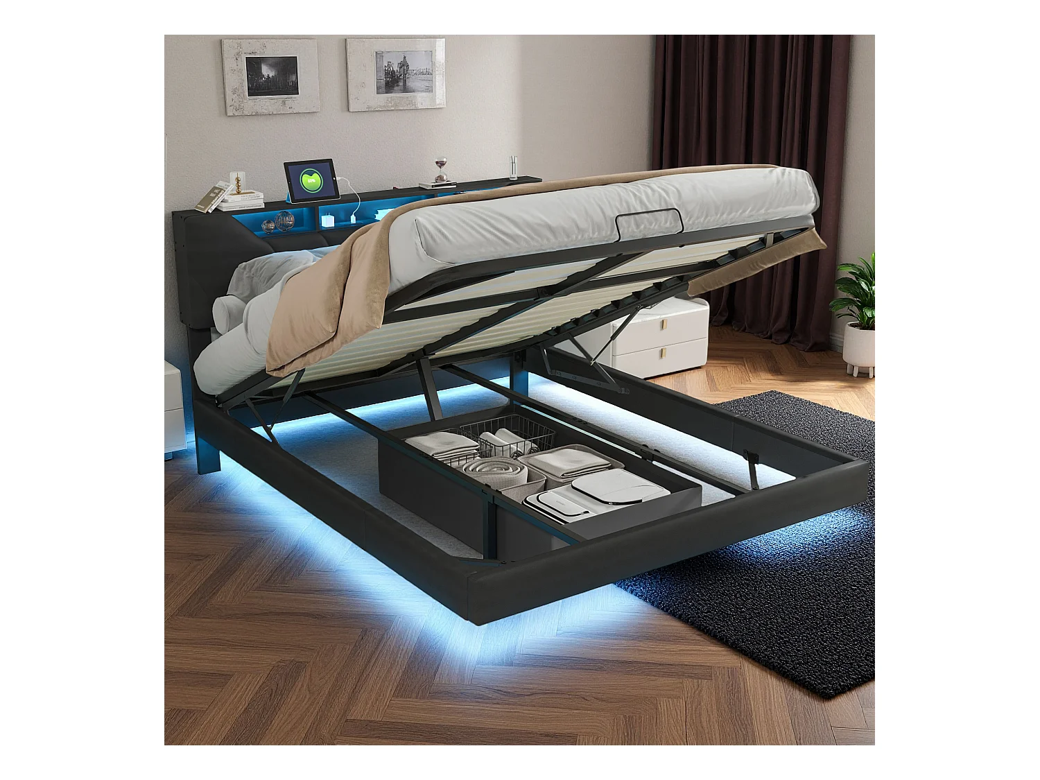 Lit adulte 140x200 cm - NEXU - lit flottant 140x200 cm avec LED et USB - cadre de lit double 140x200 cm avec coffre et sommier à lattes - tissu en PU - noir