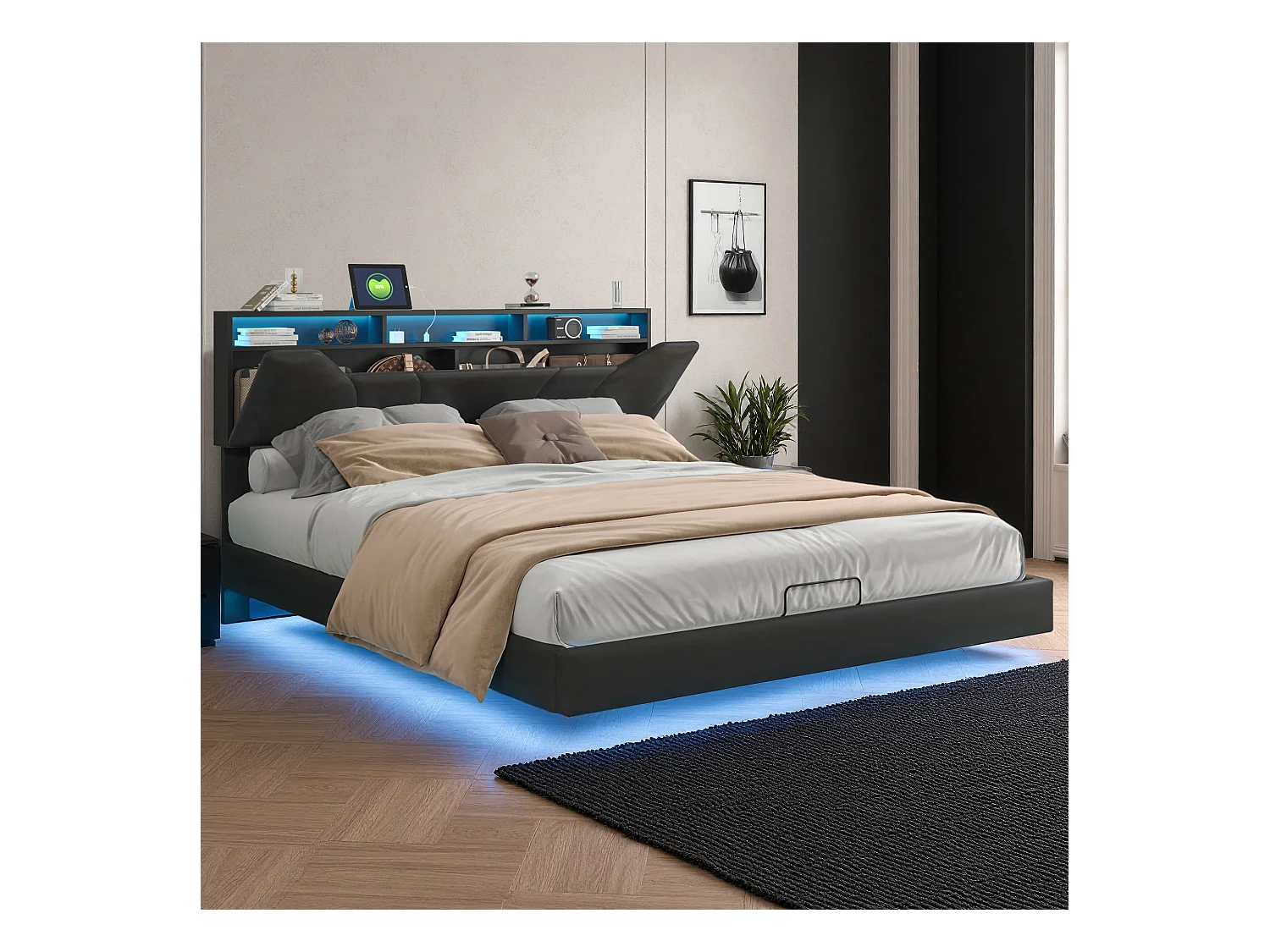 Lit adulte 140x200 cm - NEXU - lit flottant 140x200 cm avec LED et USB - cadre de lit double 140x200 cm avec coffre et sommier à lattes - tissu en PU - noir