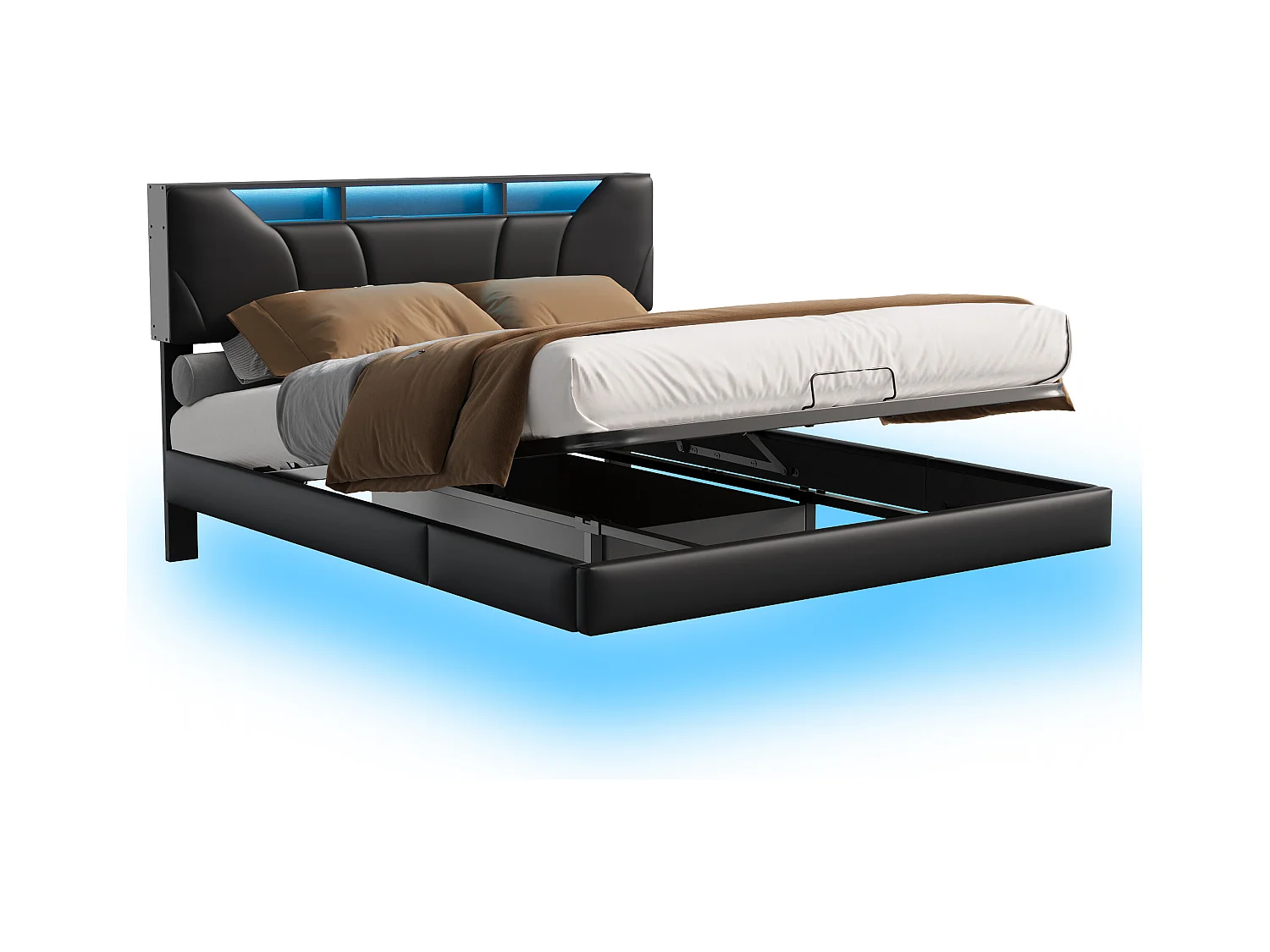 Lit adulte 140x200 cm - NEXU - lit flottant 140x200 cm avec LED et USB - cadre de lit double 140x200 cm avec coffre et sommier à lattes - tissu en PU - noir