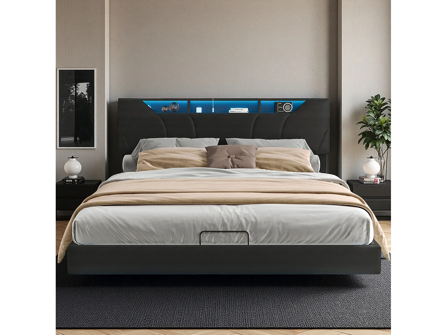 Lit adulte 140x200 cm - NEXU - lit flottant 140x200 cm avec LED et USB - cadre de lit double 140x200 cm avec coffre et sommier à lattes - tissu en PU - noir