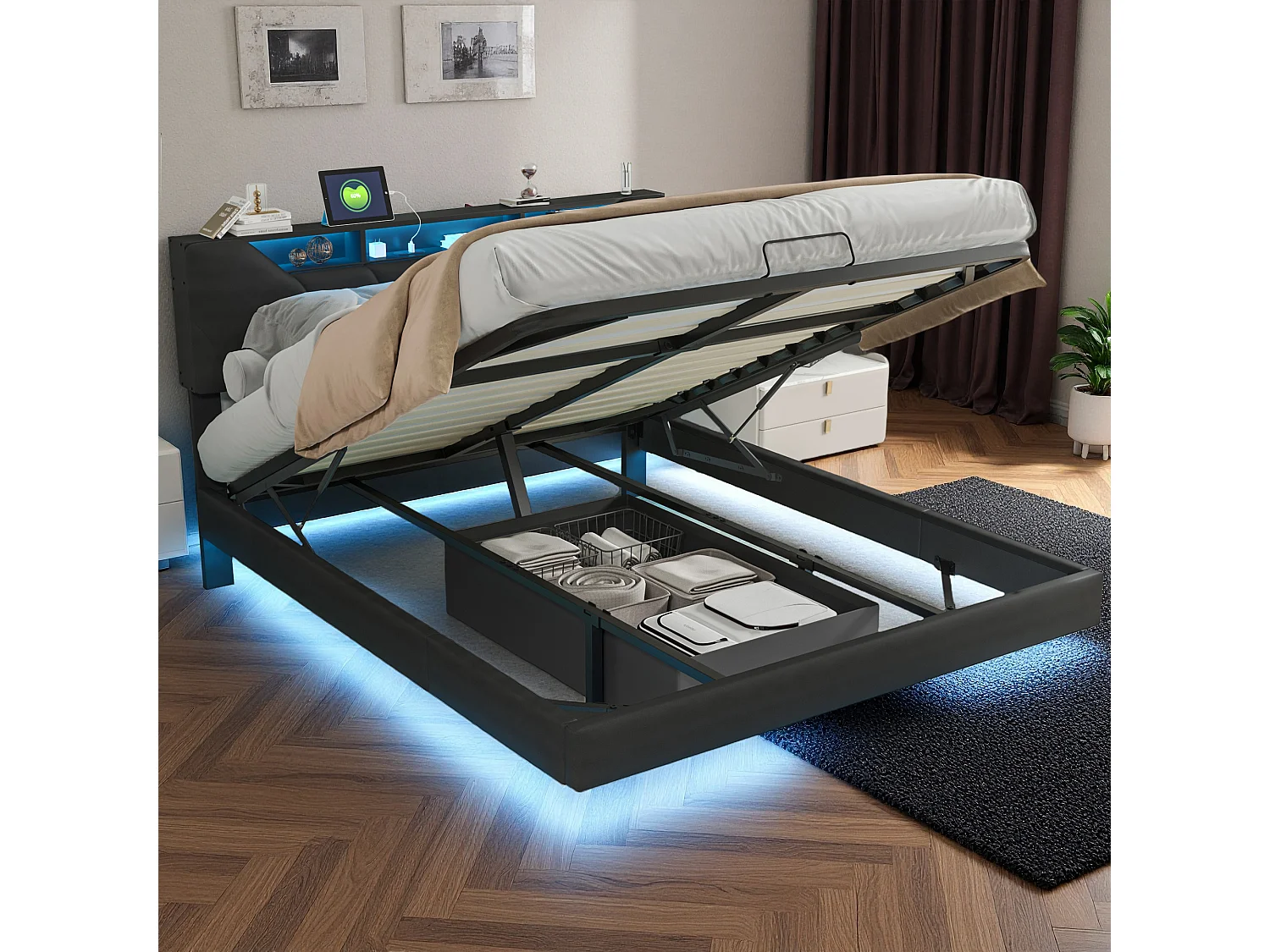 Lit adulte 140x200 cm - NEXU - lit flottant 140x200 cm avec LED et USB - cadre de lit double 140x200 cm avec coffre et sommier à lattes - tissu en PU - noir