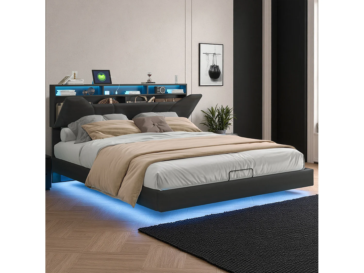 Lit adulte 140x200 cm - NEXU - lit flottant 140x200 cm avec LED et USB - cadre de lit double 140x200 cm avec coffre et sommier à lattes - tissu en PU - noir