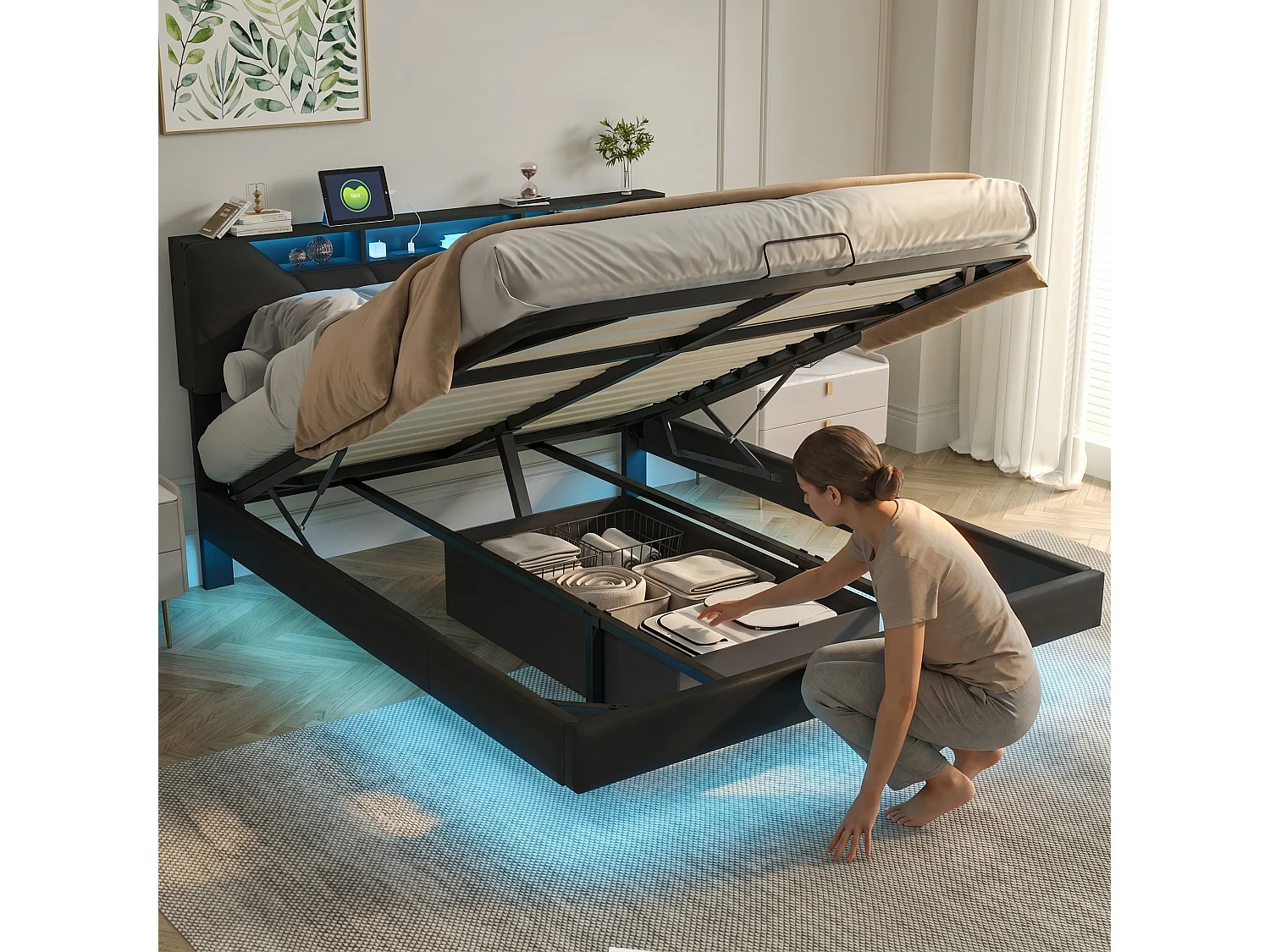 Volwassenenbed 140x200 cm - NEXU - zwevend bed 140x200 cm met LED en USB - tweepersoonsbedframe 140x200 cm met opbergruimte en lattenbodem - PU stof zwart