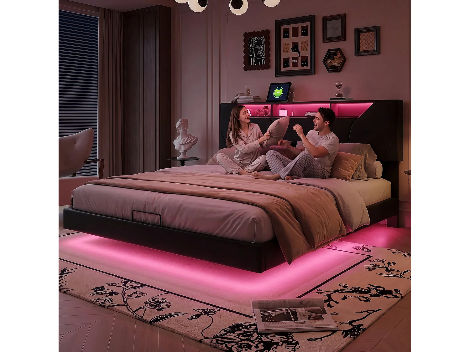 Volwassenenbed 140x200 cm - NEXU - zwevend bed 140x200 cm met LED en USB - tweepersoonsbedframe 140x200 cm met opbergruimte en lattenbodem - PU stof zwart